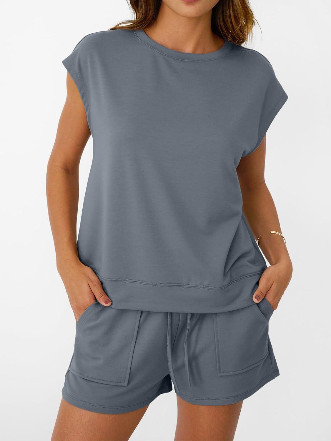 imageAUTOMET Womens Crew Neck Two Piece short Sets Cap Sleeve Drawstring Summer Sweatsuit with PocketDark Grey