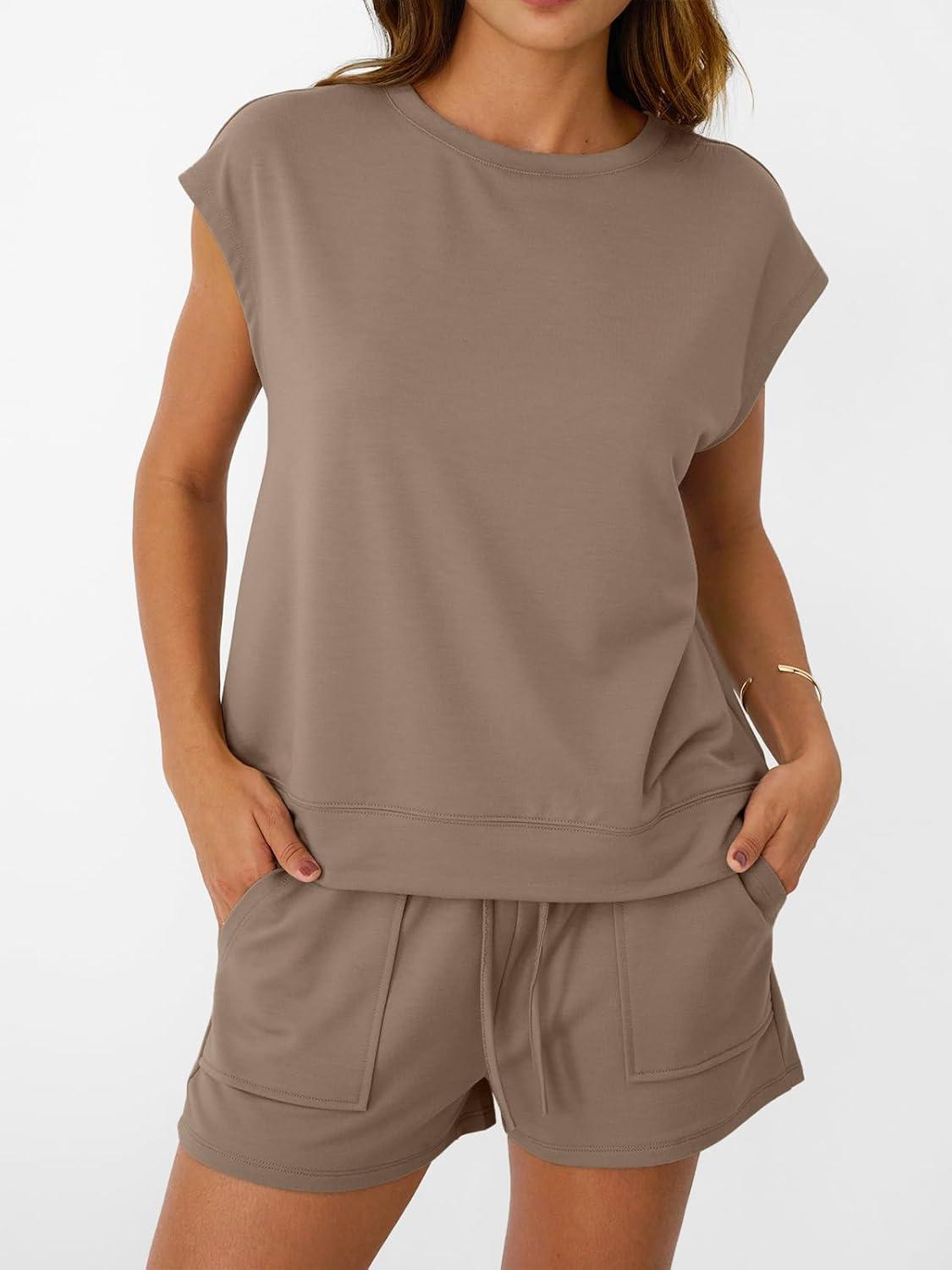 imageAUTOMET Womens Crew Neck Two Piece short Sets Cap Sleeve Drawstring Summer Sweatsuit with PocketDark Khaki