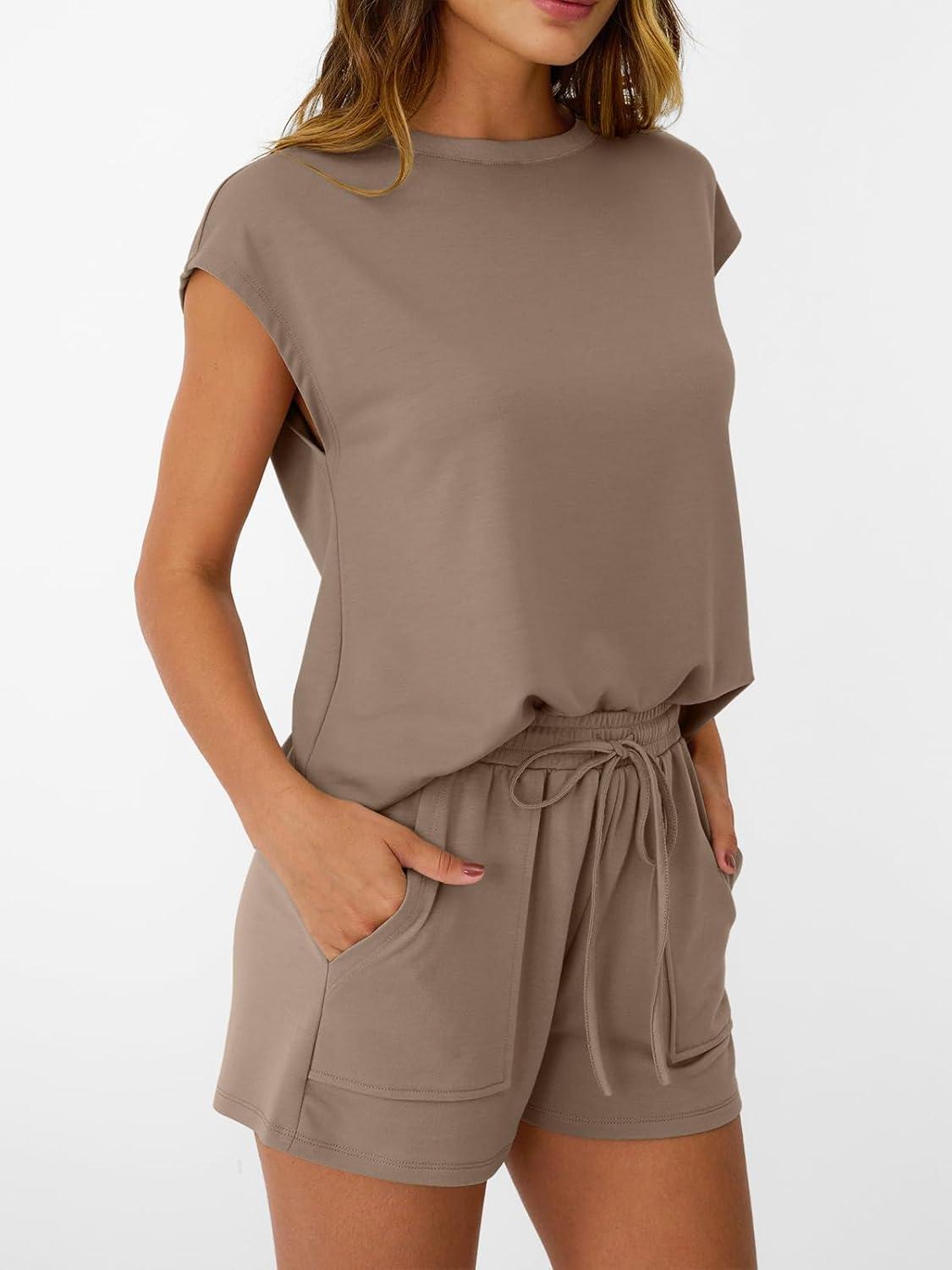 imageAUTOMET Womens Crew Neck Two Piece short Sets Cap Sleeve Drawstring Summer Sweatsuit with PocketDark Khaki