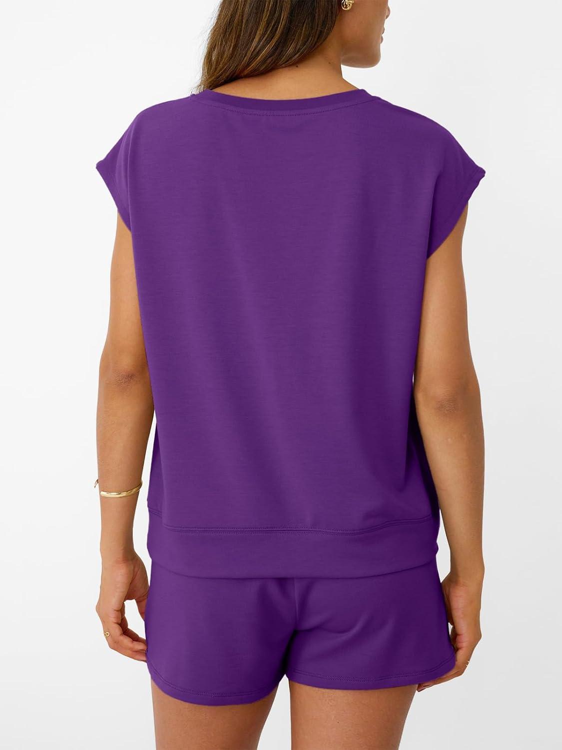 imageAUTOMET Womens Crew Neck Two Piece short Sets Cap Sleeve Drawstring Summer Sweatsuit with PocketDark Purple