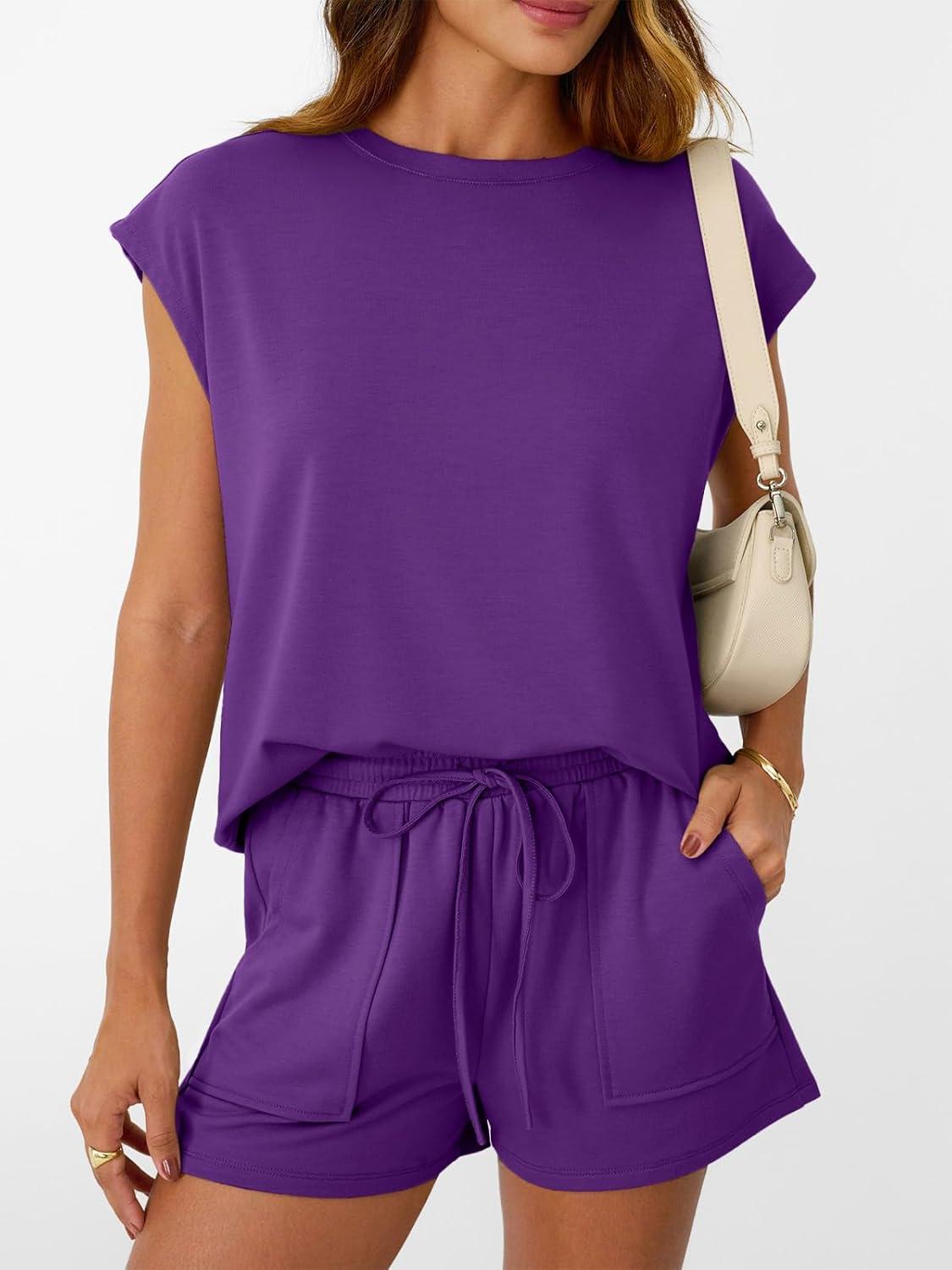 imageAUTOMET Womens Crew Neck Two Piece short Sets Cap Sleeve Drawstring Summer Sweatsuit with PocketDark Purple