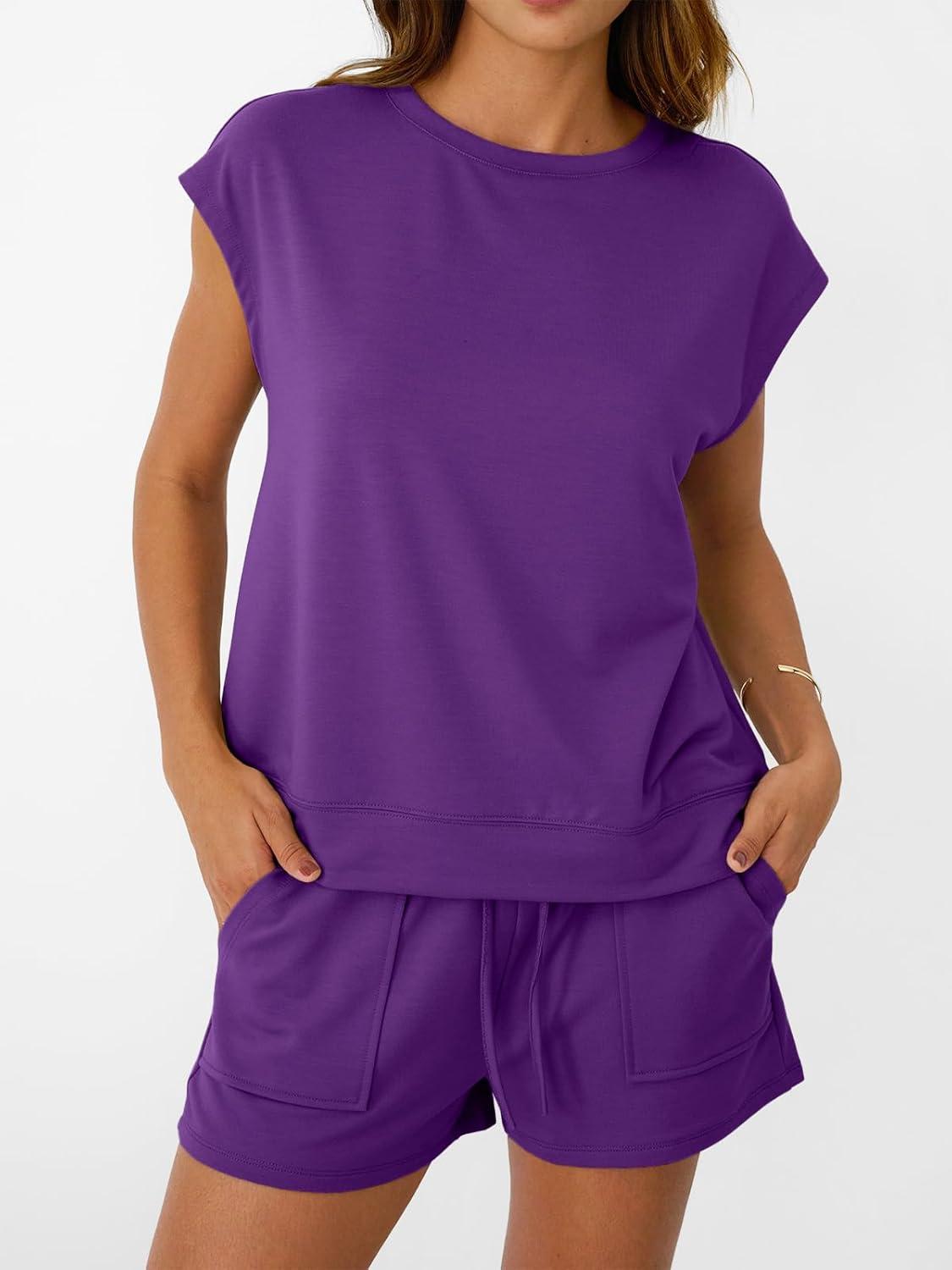 imageAUTOMET Womens Crew Neck Two Piece short Sets Cap Sleeve Drawstring Summer Sweatsuit with PocketDark Purple