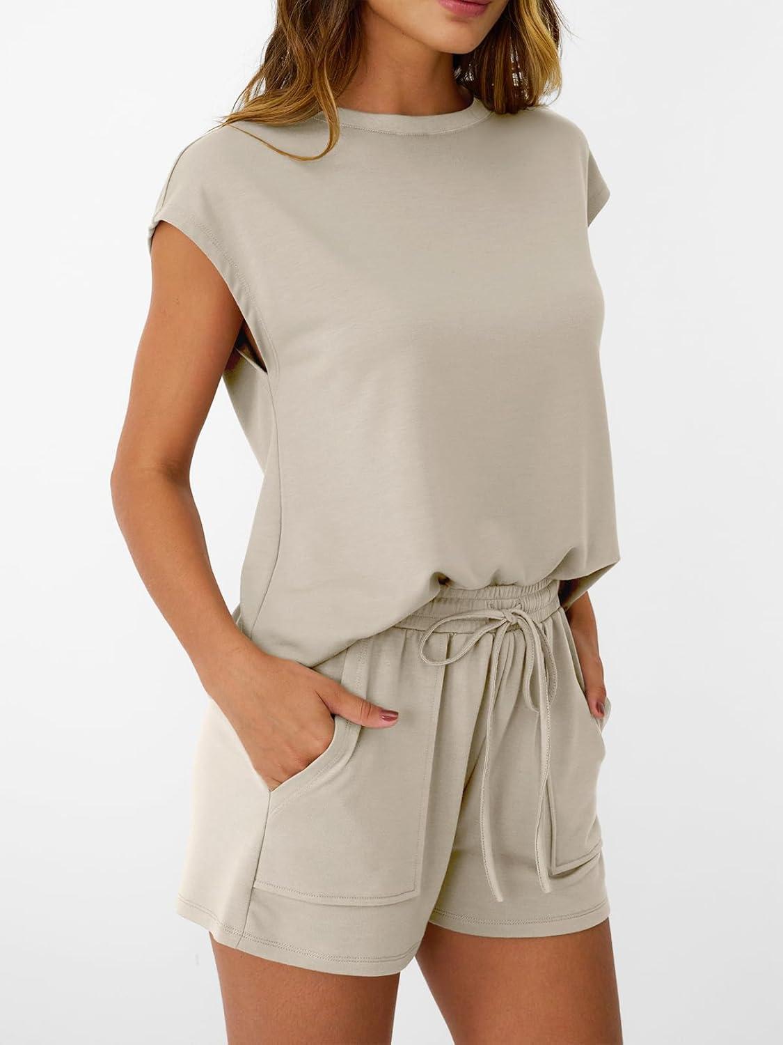 imageAUTOMET Womens Crew Neck Two Piece short Sets Cap Sleeve Drawstring Summer Sweatsuit with PocketKhaki