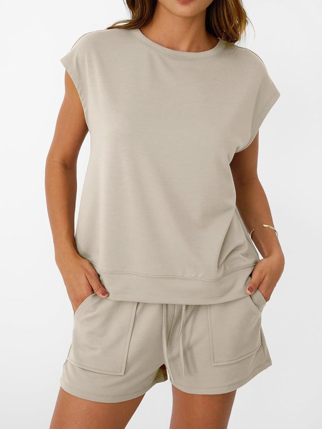 imageAUTOMET Womens Crew Neck Two Piece short Sets Cap Sleeve Drawstring Summer Sweatsuit with PocketKhaki
