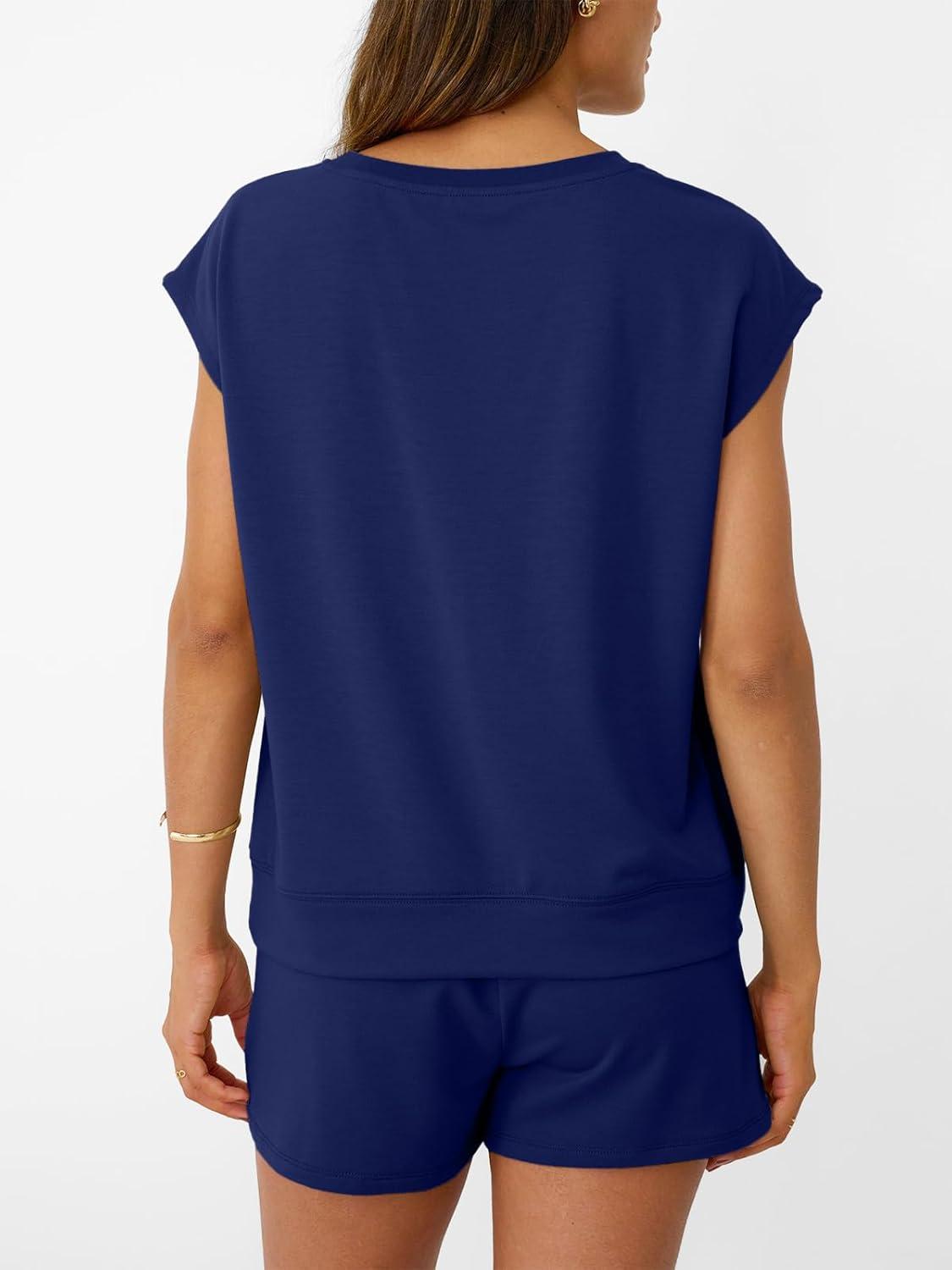 imageAUTOMET Womens Crew Neck Two Piece short Sets Cap Sleeve Drawstring Summer Sweatsuit with PocketNavy Blue