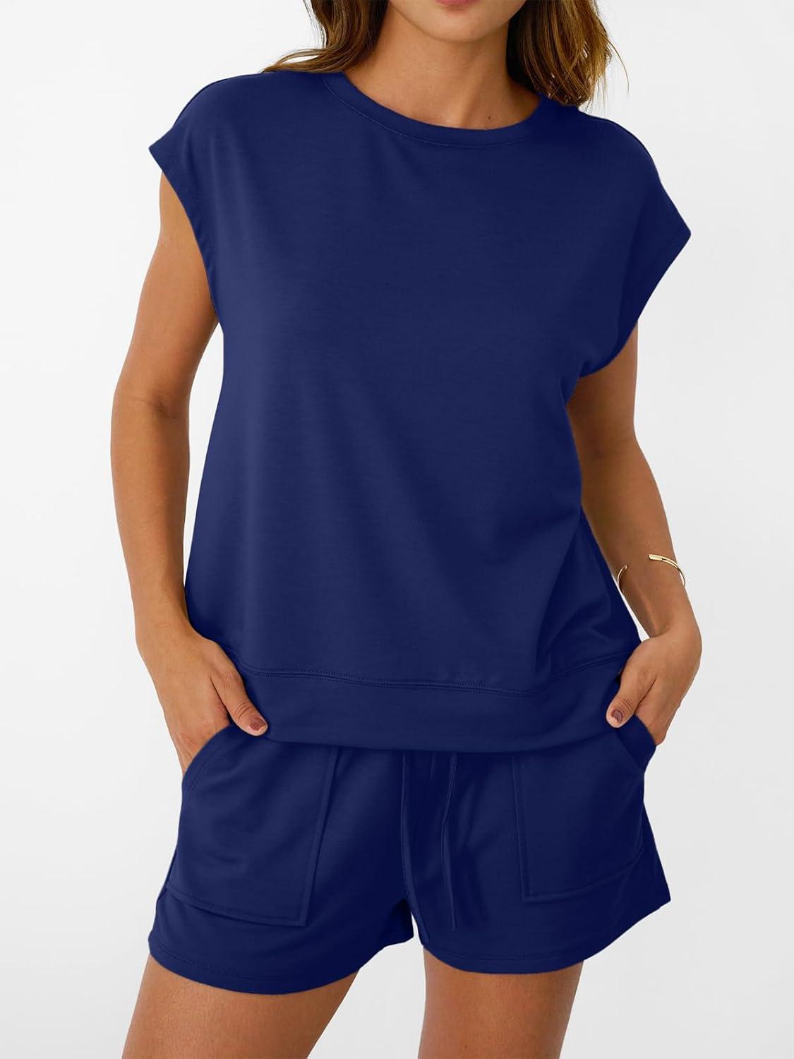 imageAUTOMET Womens Crew Neck Two Piece short Sets Cap Sleeve Drawstring Summer Sweatsuit with PocketNavy Blue