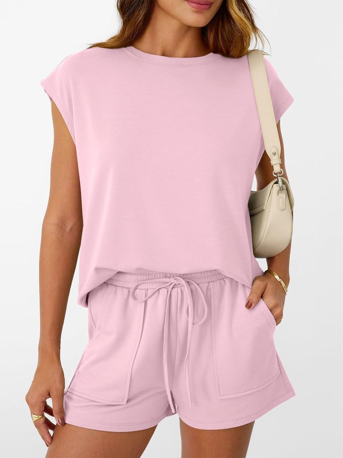 imageAUTOMET Womens Crew Neck Two Piece short Sets Cap Sleeve Drawstring Summer Sweatsuit with PocketPink