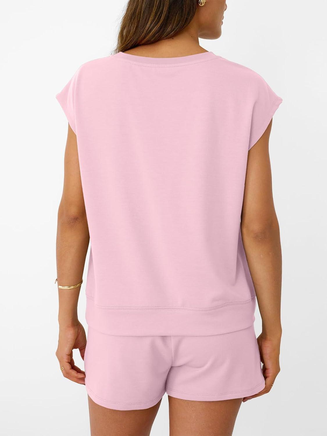 imageAUTOMET Womens Crew Neck Two Piece short Sets Cap Sleeve Drawstring Summer Sweatsuit with PocketPink