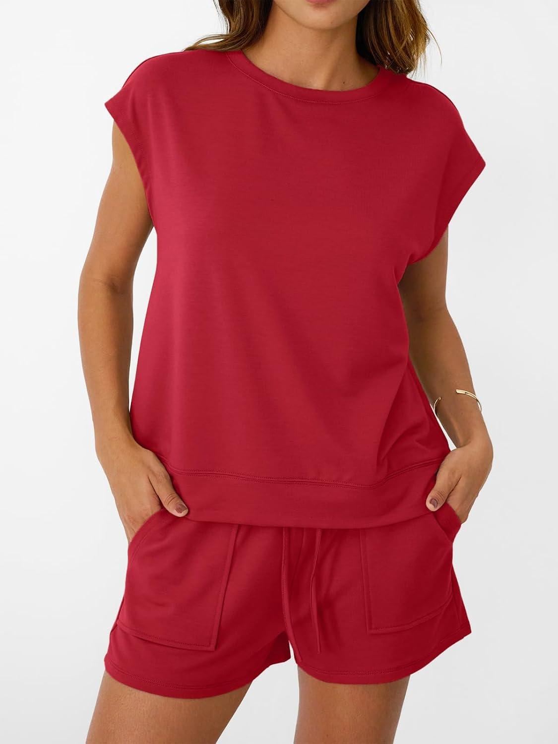 imageAUTOMET Womens Crew Neck Two Piece short Sets Cap Sleeve Drawstring Summer Sweatsuit with PocketRed