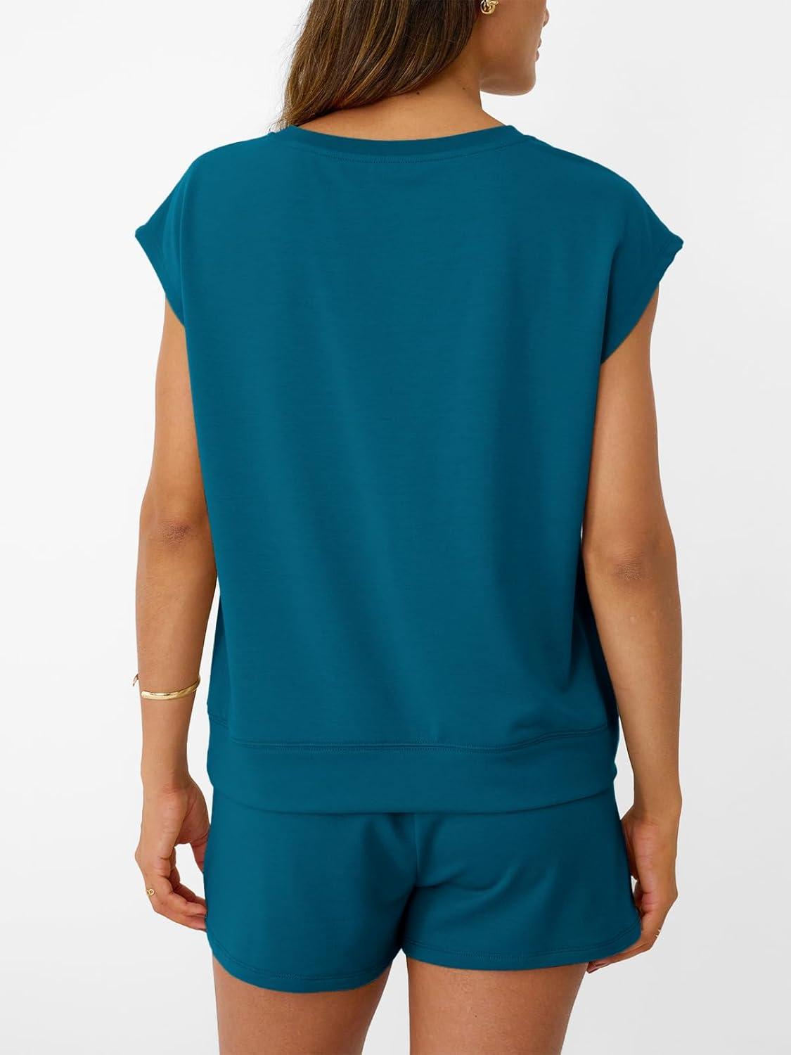 imageAUTOMET Womens Crew Neck Two Piece short Sets Cap Sleeve Drawstring Summer Sweatsuit with PocketTeal