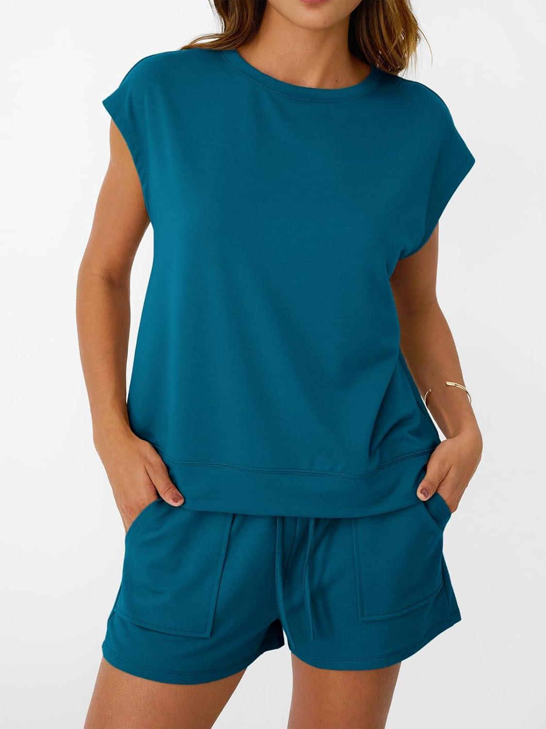 imageAUTOMET Womens Crew Neck Two Piece short Sets Cap Sleeve Drawstring Summer Sweatsuit with PocketTeal