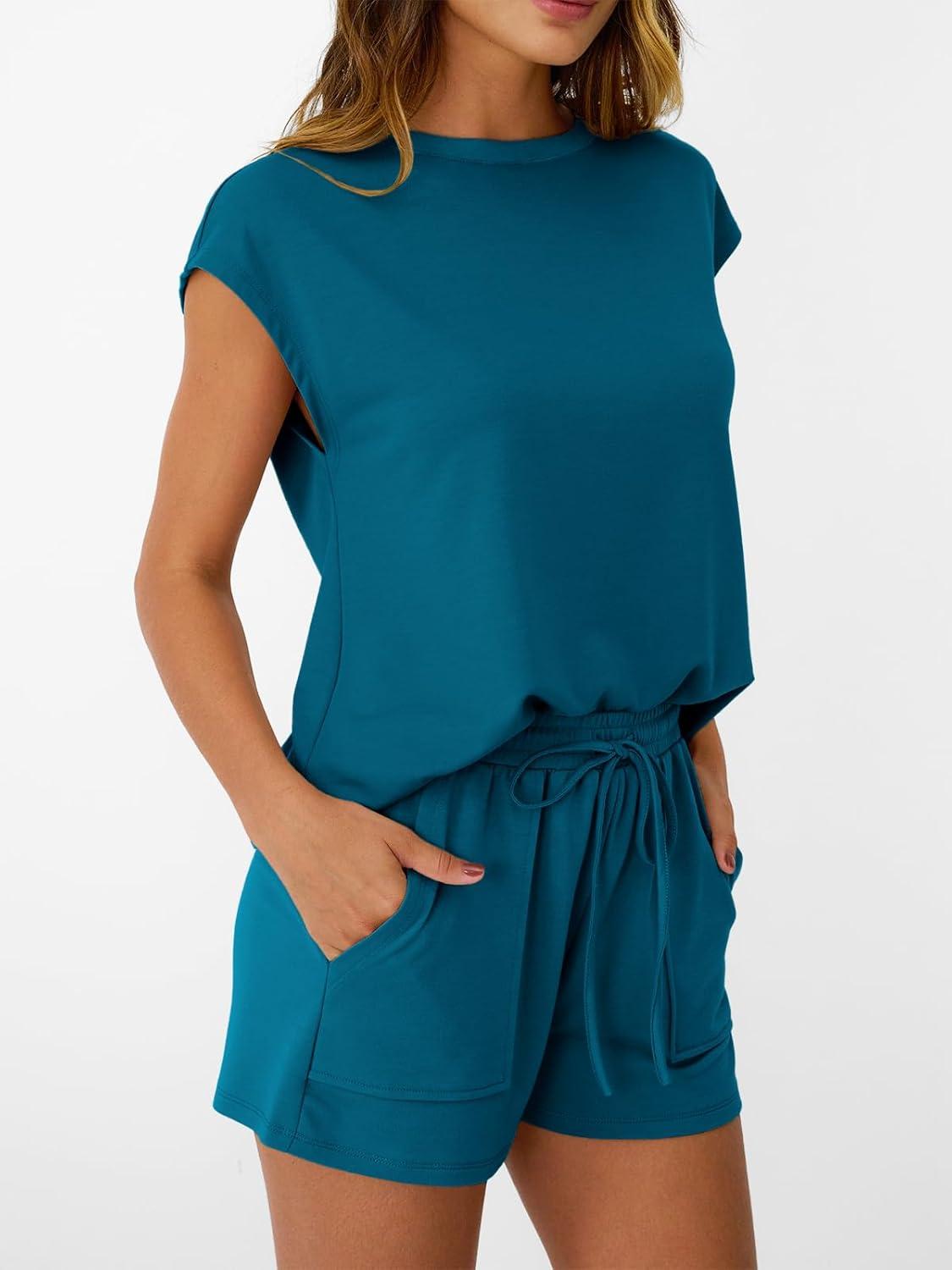 imageAUTOMET Womens Crew Neck Two Piece short Sets Cap Sleeve Drawstring Summer Sweatsuit with PocketTeal
