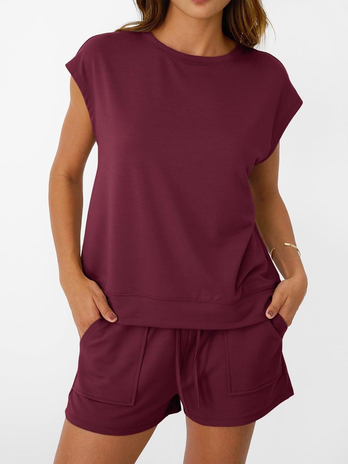 imageAUTOMET Womens Crew Neck Two Piece short Sets Cap Sleeve Drawstring Summer Sweatsuit with PocketWine Red