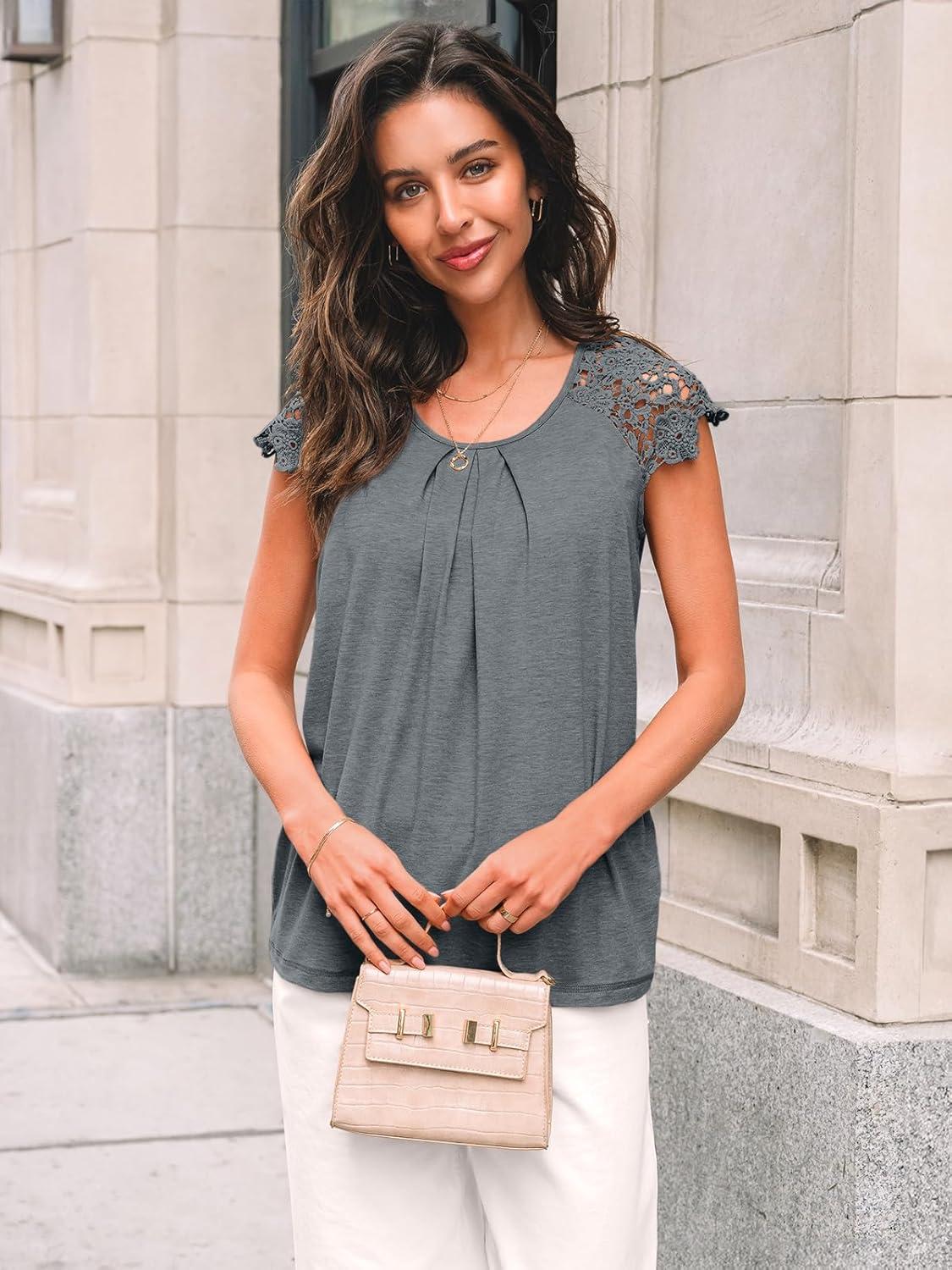 imageAUTOMET Womens Lace Tops Pleated Short Sleeve Shirts Summer Business Casual Dressy BlousesBlue Grey