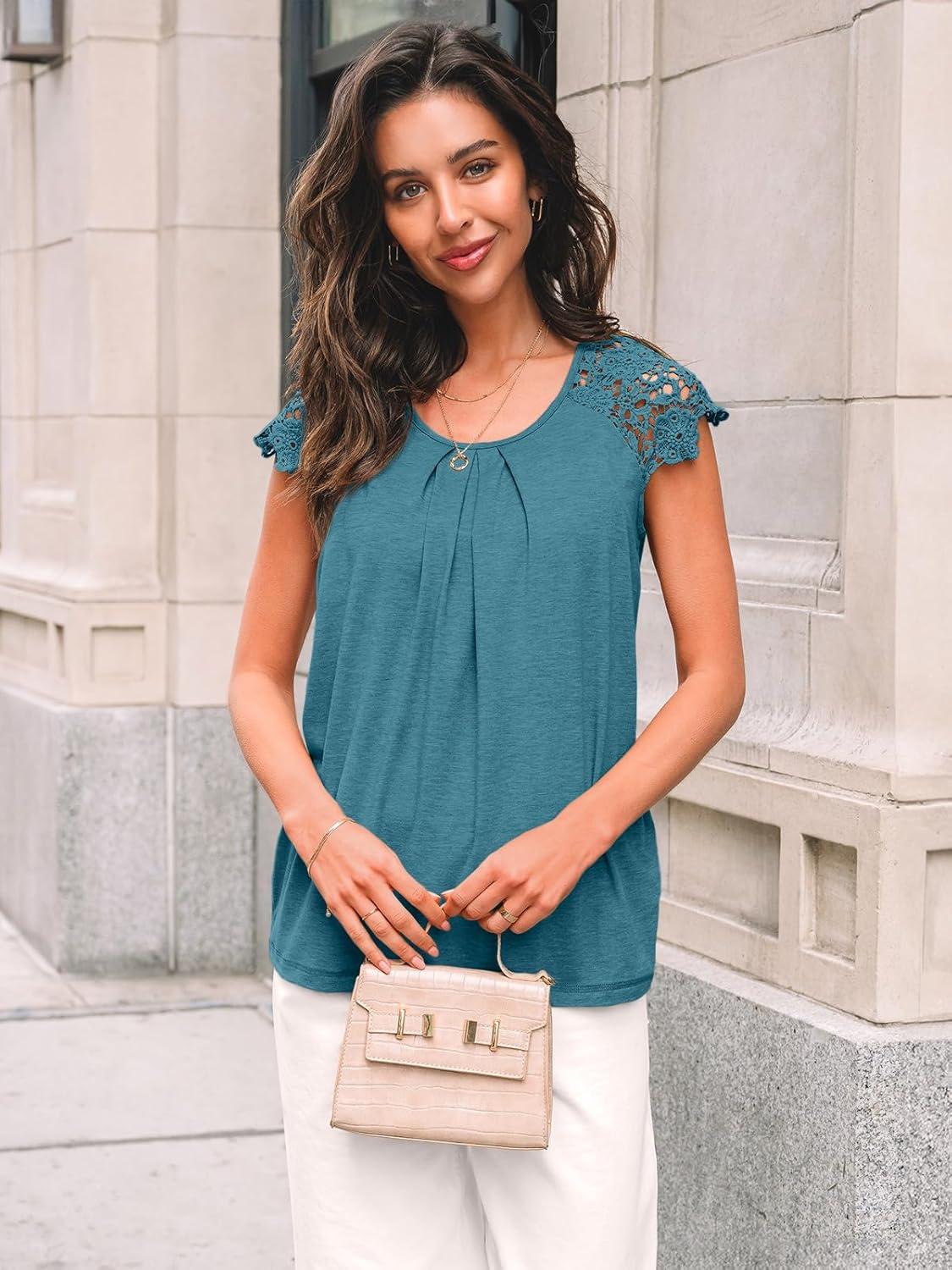 imageAUTOMET Womens Lace Tops Pleated Short Sleeve Shirts Summer Business Casual Dressy BlousesCyan