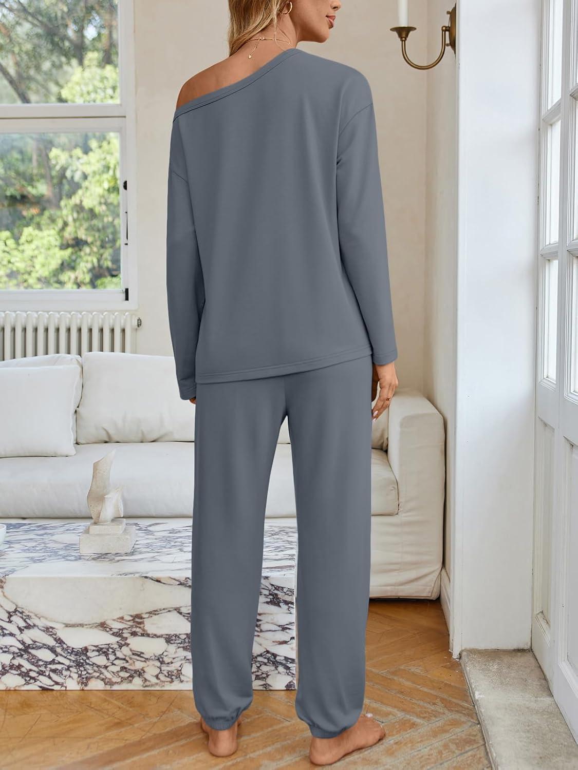 imageAUTOMET Womens Lounge Sets 2 Piece Matching Pajamas Travel Airport Fall Outfits Cute Pjs Off Shoulder Tops LoungewearGrey