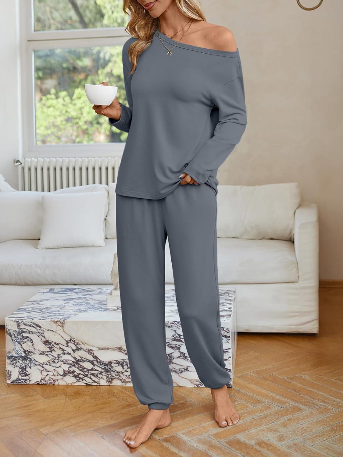 imageAUTOMET Womens Lounge Sets 2 Piece Matching Pajamas Travel Airport Fall Outfits Cute Pjs Off Shoulder Tops LoungewearGrey