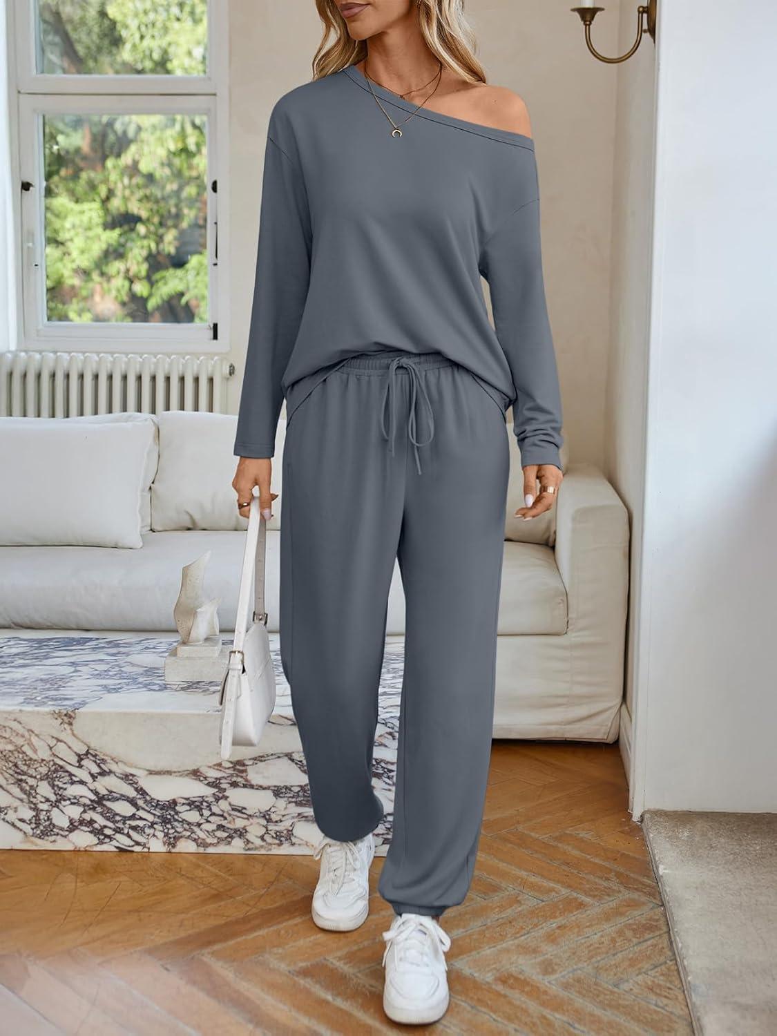 imageAUTOMET Womens Lounge Sets 2 Piece Matching Pajamas Travel Airport Fall Outfits Cute Pjs Off Shoulder Tops LoungewearGrey