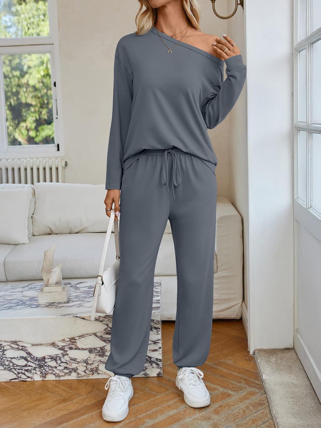 imageAUTOMET Womens Lounge Sets 2 Piece Matching Pajamas Travel Airport Fall Outfits Cute Pjs Off Shoulder Tops LoungewearGrey