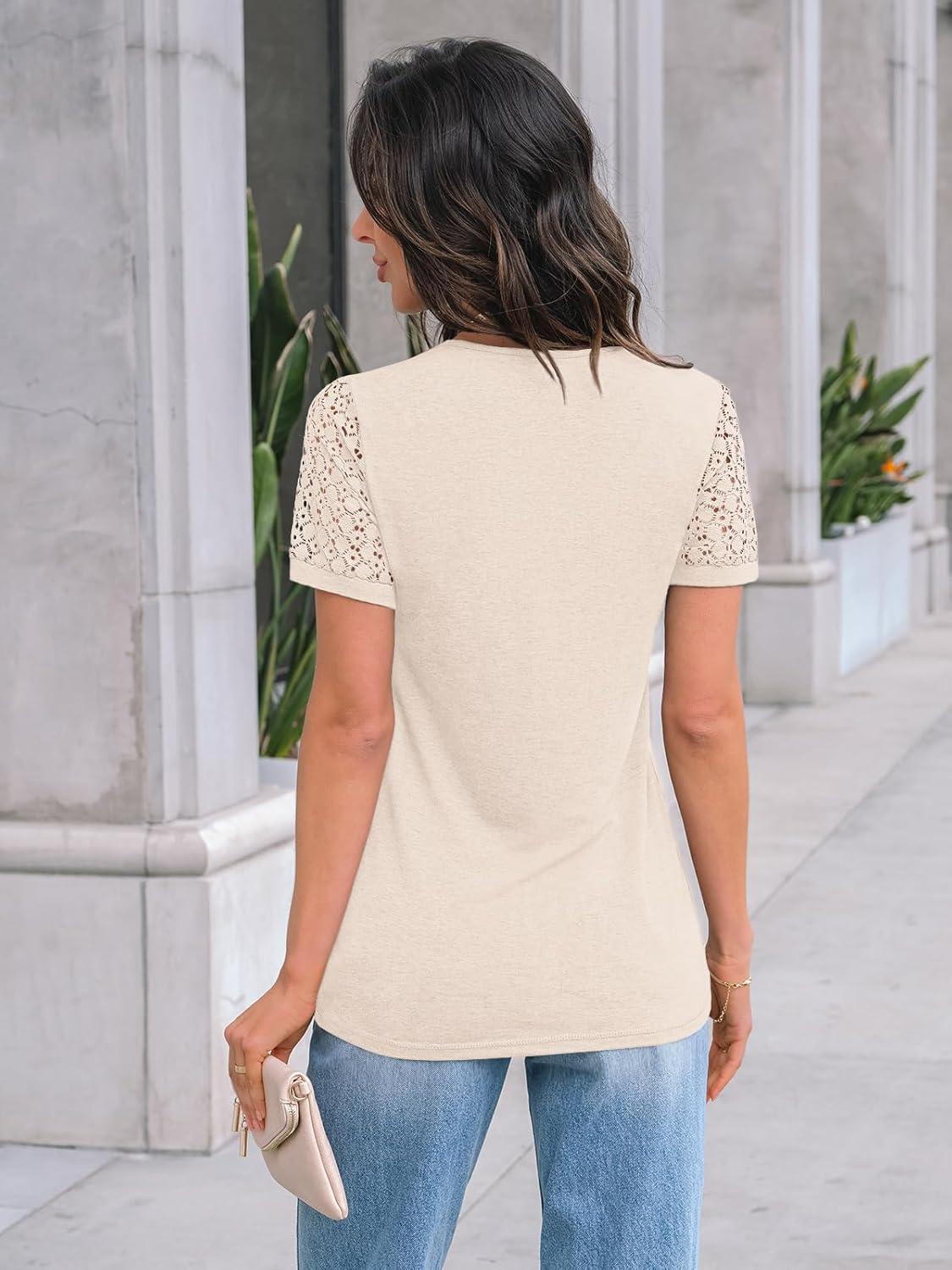 imageAUTOMET Womens Short Sleeve Shirts Dressy Lace Summer Tops 2025 Spring Trendy Casual TShirts Cute Work Outfits BlousesApricot