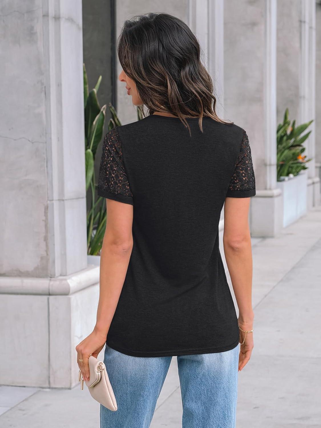 imageAUTOMET Womens Short Sleeve Shirts Dressy Lace Summer Tops 2025 Spring Trendy Casual TShirts Cute Work Outfits BlousesBlack
