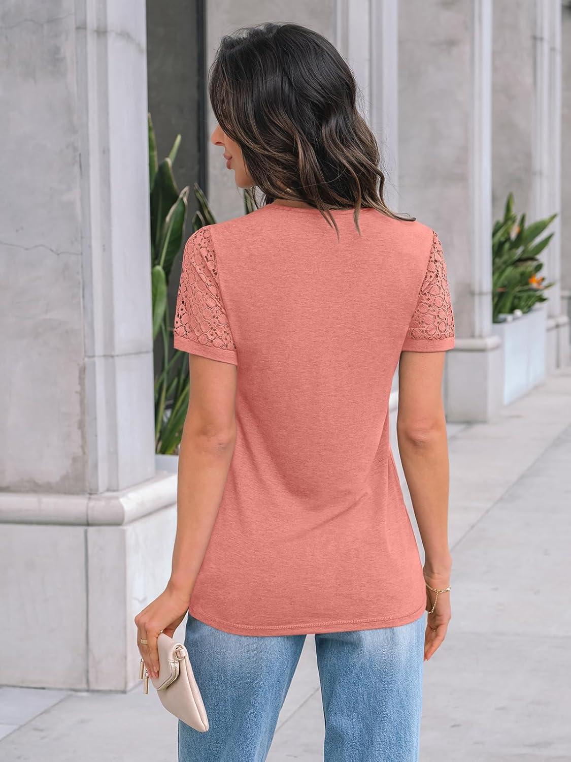imageAUTOMET Womens Short Sleeve Shirts Dressy Lace Summer Tops 2025 Spring Trendy Casual TShirts Cute Work Outfits BlousesCoral