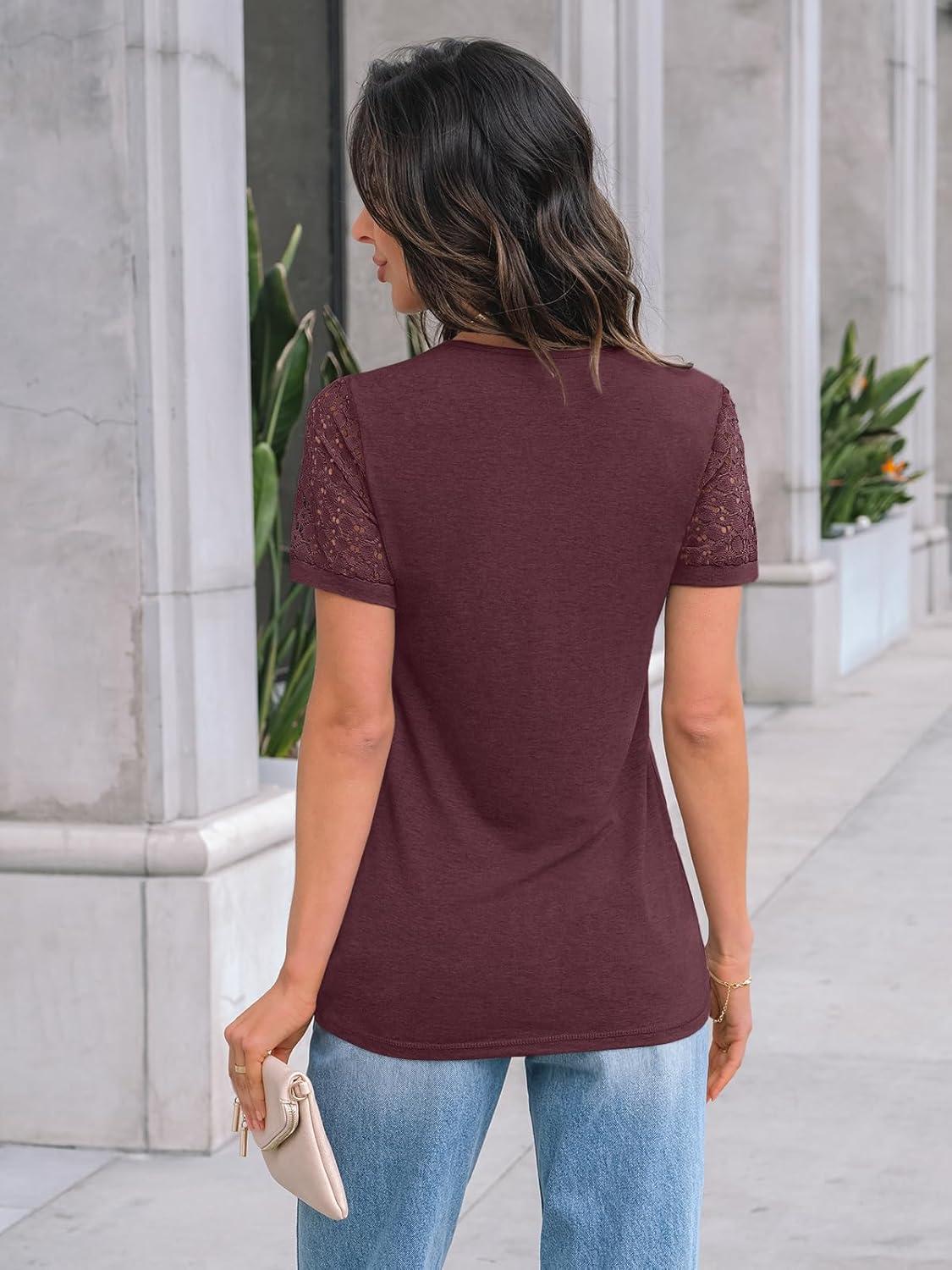 imageAUTOMET Womens Short Sleeve Shirts Dressy Lace Summer Tops 2025 Spring Trendy Casual TShirts Cute Work Outfits BlousesWine Red