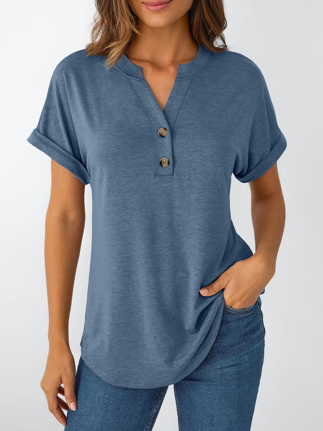 imageAUTOMET Womens Short Sleeve Shirts Henley Dressy Casual Summer Tops 2025 Trendy Blouses Cute TShirts Outfits ClothesBlue