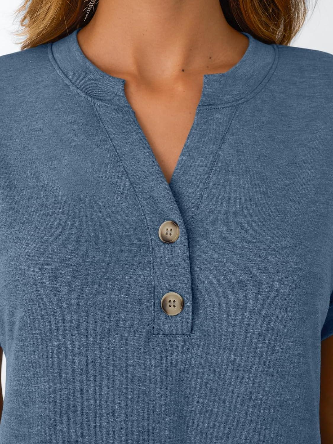 imageAUTOMET Womens Short Sleeve Shirts Henley Dressy Casual Summer Tops 2025 Trendy Blouses Cute TShirts Outfits ClothesBlue