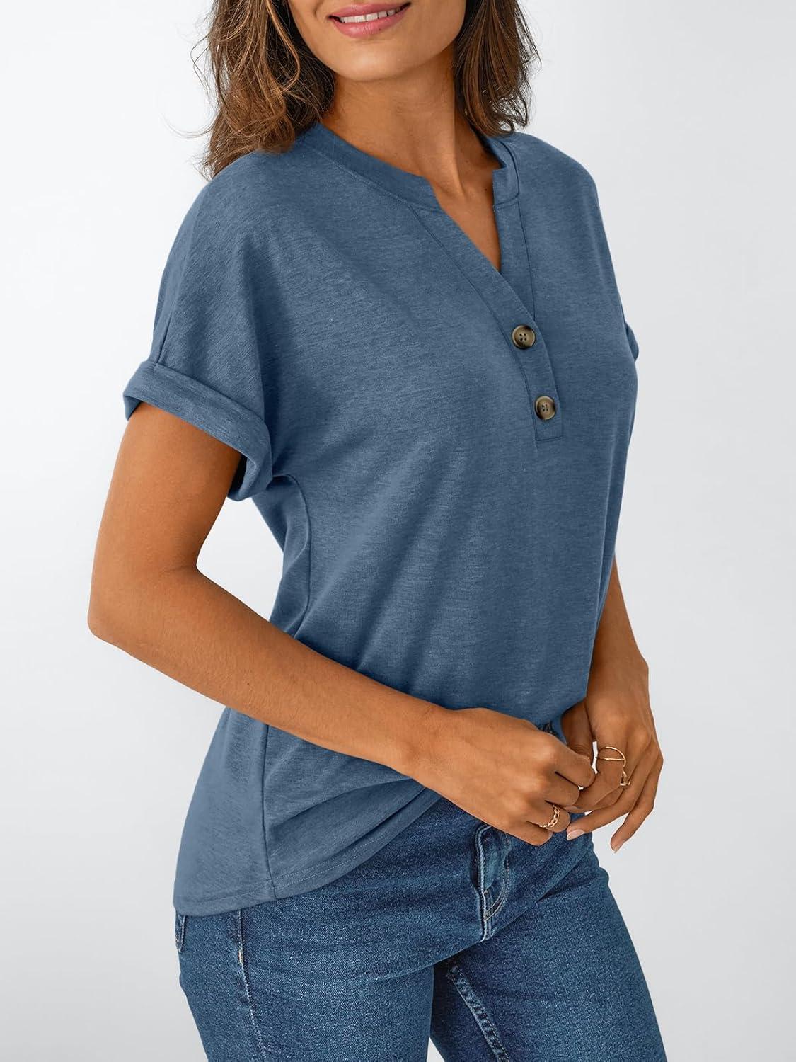 imageAUTOMET Womens Short Sleeve Shirts Henley Dressy Casual Summer Tops 2025 Trendy Blouses Cute TShirts Outfits ClothesBlue