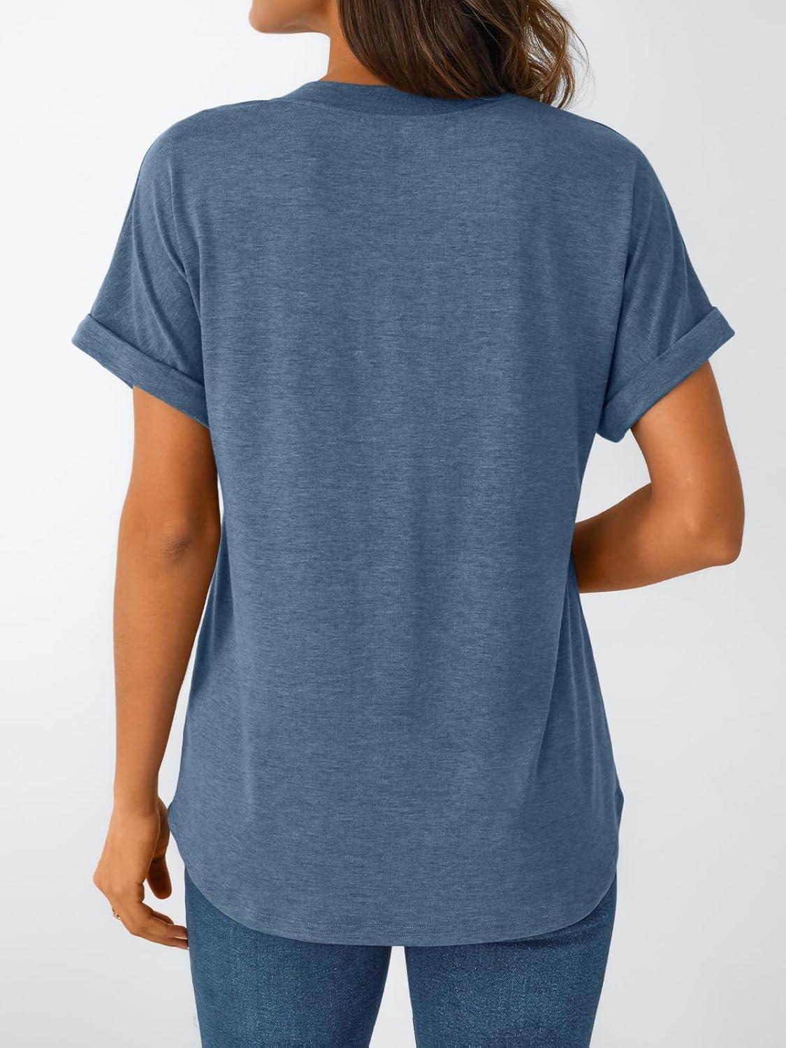 imageAUTOMET Womens Short Sleeve Shirts Henley Dressy Casual Summer Tops 2025 Trendy Blouses Cute TShirts Outfits ClothesBlue