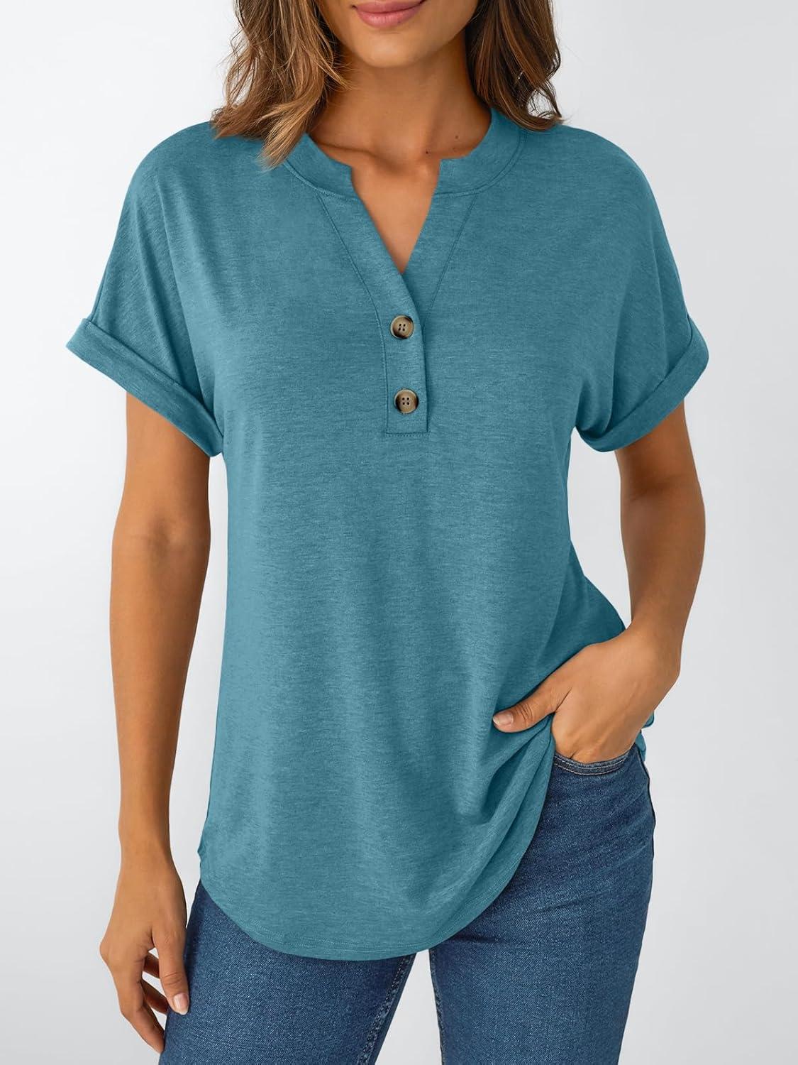 imageAUTOMET Womens Short Sleeve Shirts Henley Dressy Casual Summer Tops 2025 Trendy Blouses Cute TShirts Outfits ClothesBlue Green