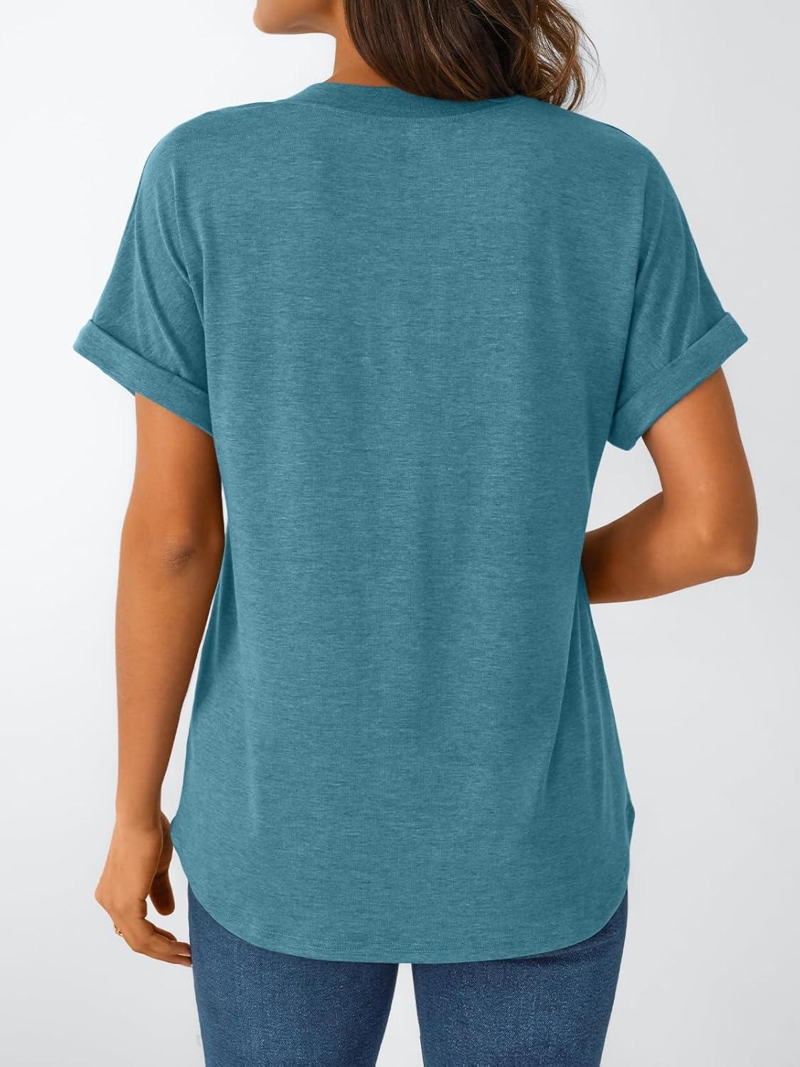 imageAUTOMET Womens Short Sleeve Shirts Henley Dressy Casual Summer Tops 2025 Trendy Blouses Cute TShirts Outfits ClothesBlue Green