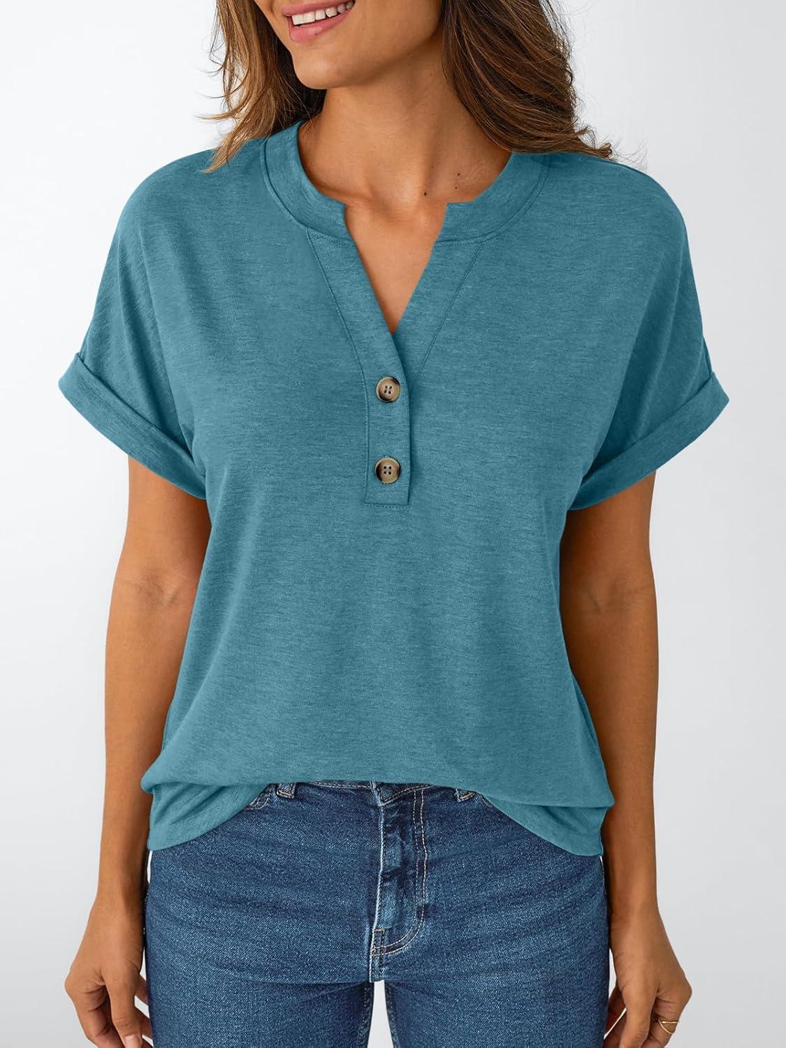 imageAUTOMET Womens Short Sleeve Shirts Henley Dressy Casual Summer Tops 2025 Trendy Blouses Cute TShirts Outfits ClothesBlue Green