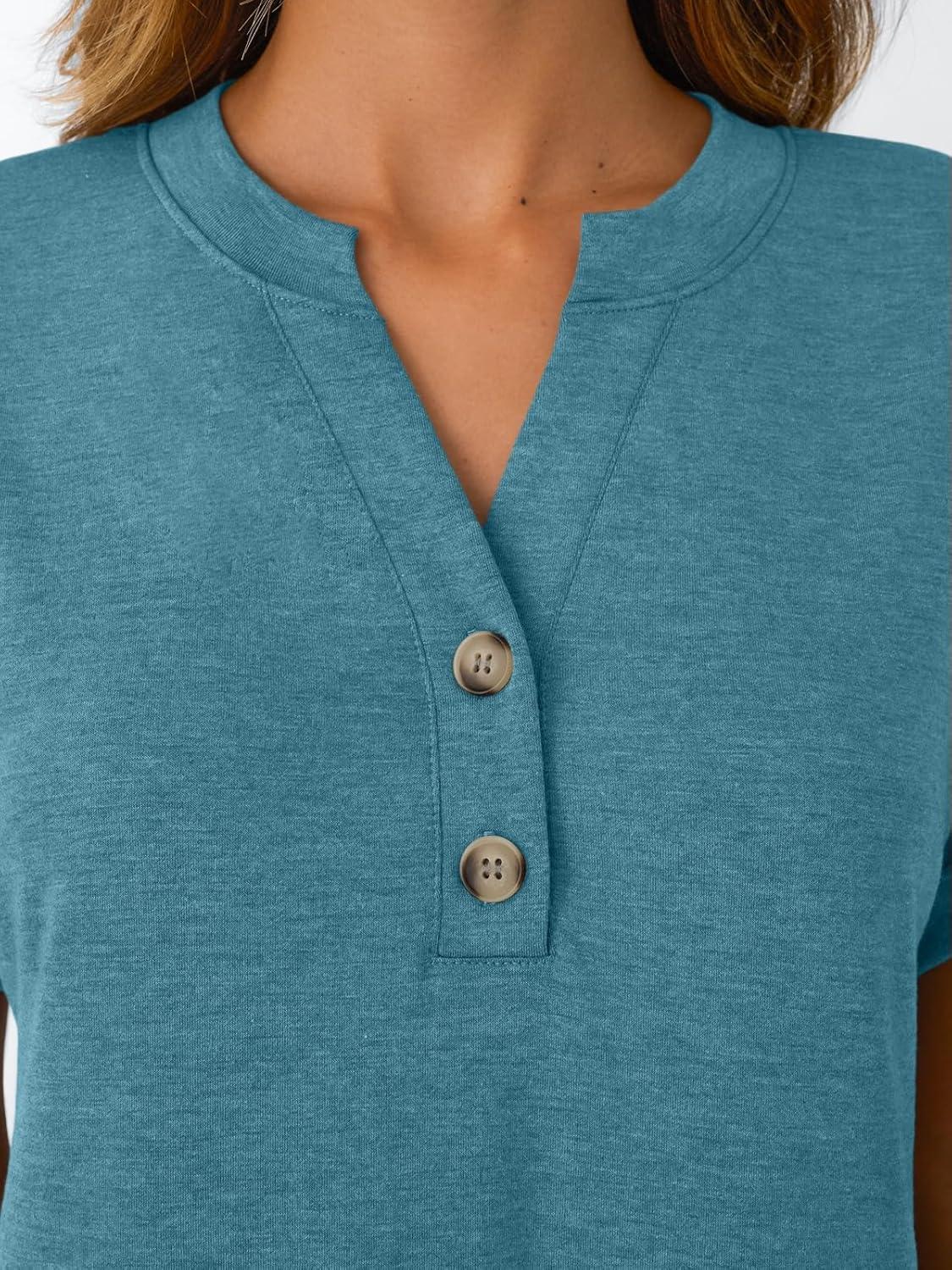 imageAUTOMET Womens Short Sleeve Shirts Henley Dressy Casual Summer Tops 2025 Trendy Blouses Cute TShirts Outfits ClothesBlue Green