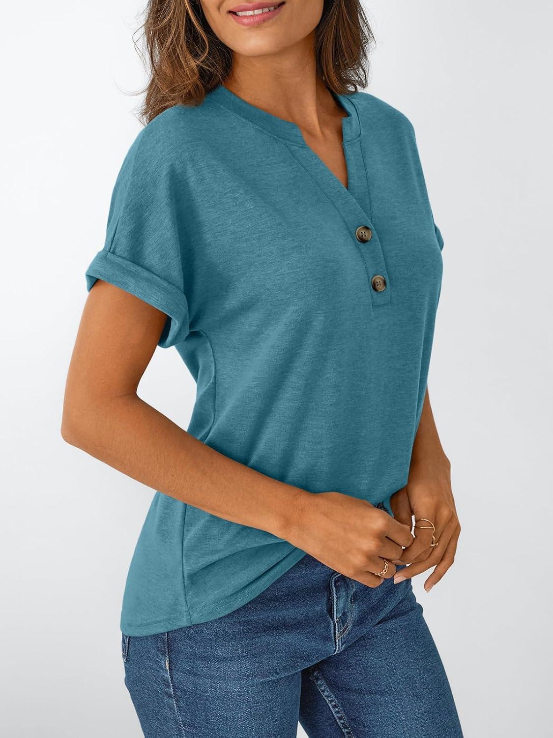 imageAUTOMET Womens Short Sleeve Shirts Henley Dressy Casual Summer Tops 2025 Trendy Blouses Cute TShirts Outfits ClothesBlue Green