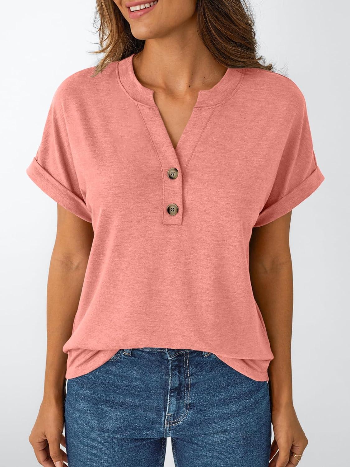 imageAUTOMET Womens Short Sleeve Shirts Henley Dressy Casual Summer Tops 2025 Trendy Blouses Cute TShirts Outfits ClothesCoral