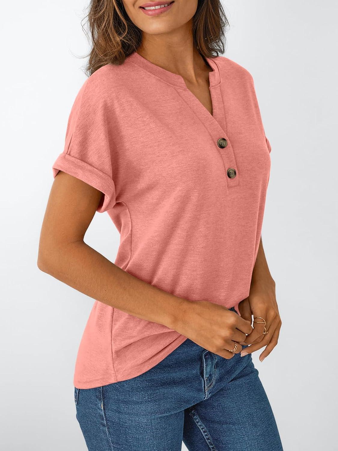 imageAUTOMET Womens Short Sleeve Shirts Henley Dressy Casual Summer Tops 2025 Trendy Blouses Cute TShirts Outfits ClothesCoral