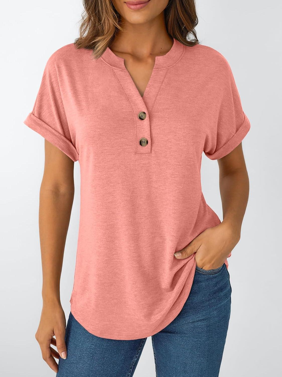 imageAUTOMET Womens Short Sleeve Shirts Henley Dressy Casual Summer Tops 2025 Trendy Blouses Cute TShirts Outfits ClothesCoral