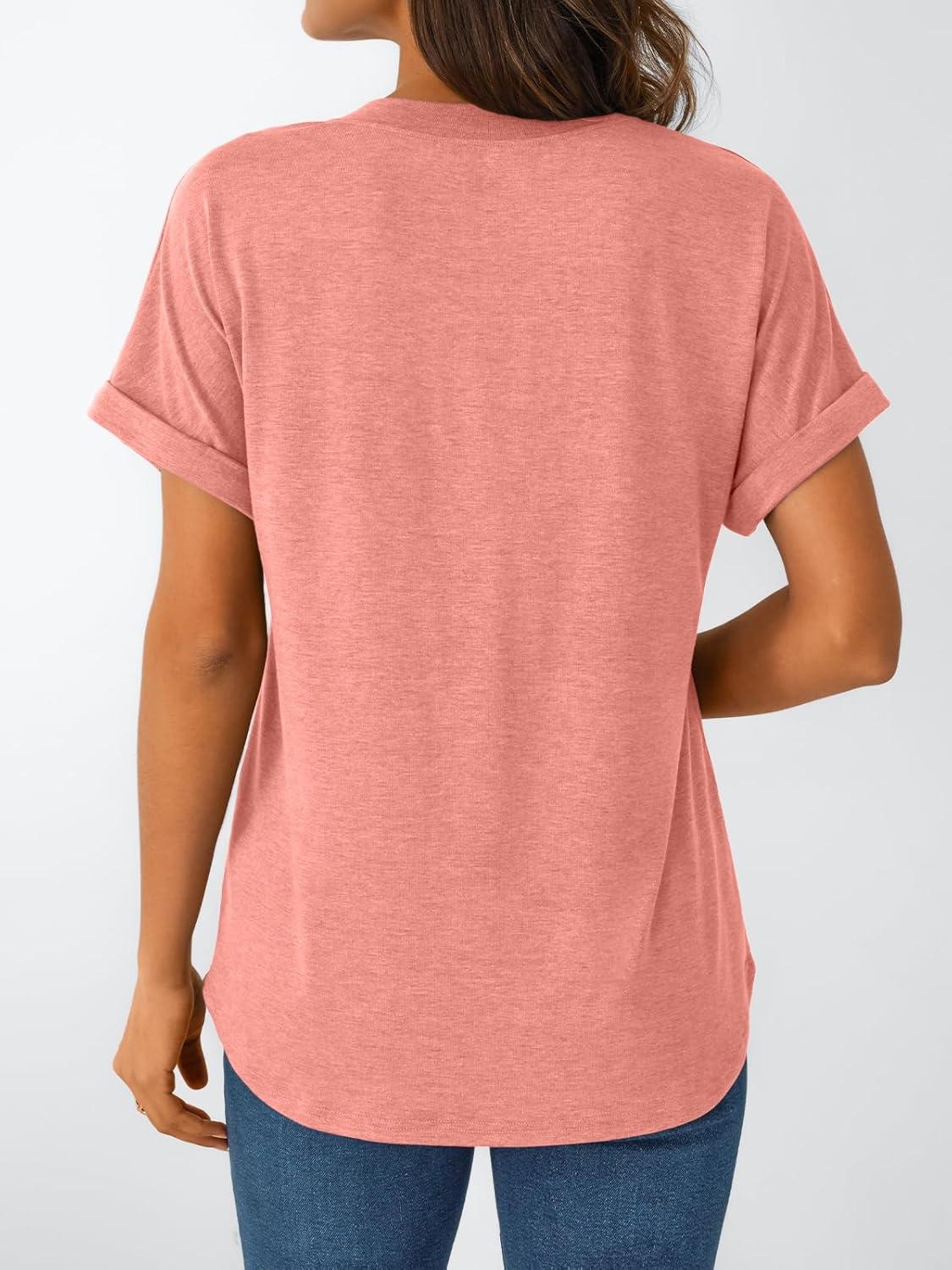 imageAUTOMET Womens Short Sleeve Shirts Henley Dressy Casual Summer Tops 2025 Trendy Blouses Cute TShirts Outfits ClothesCoral