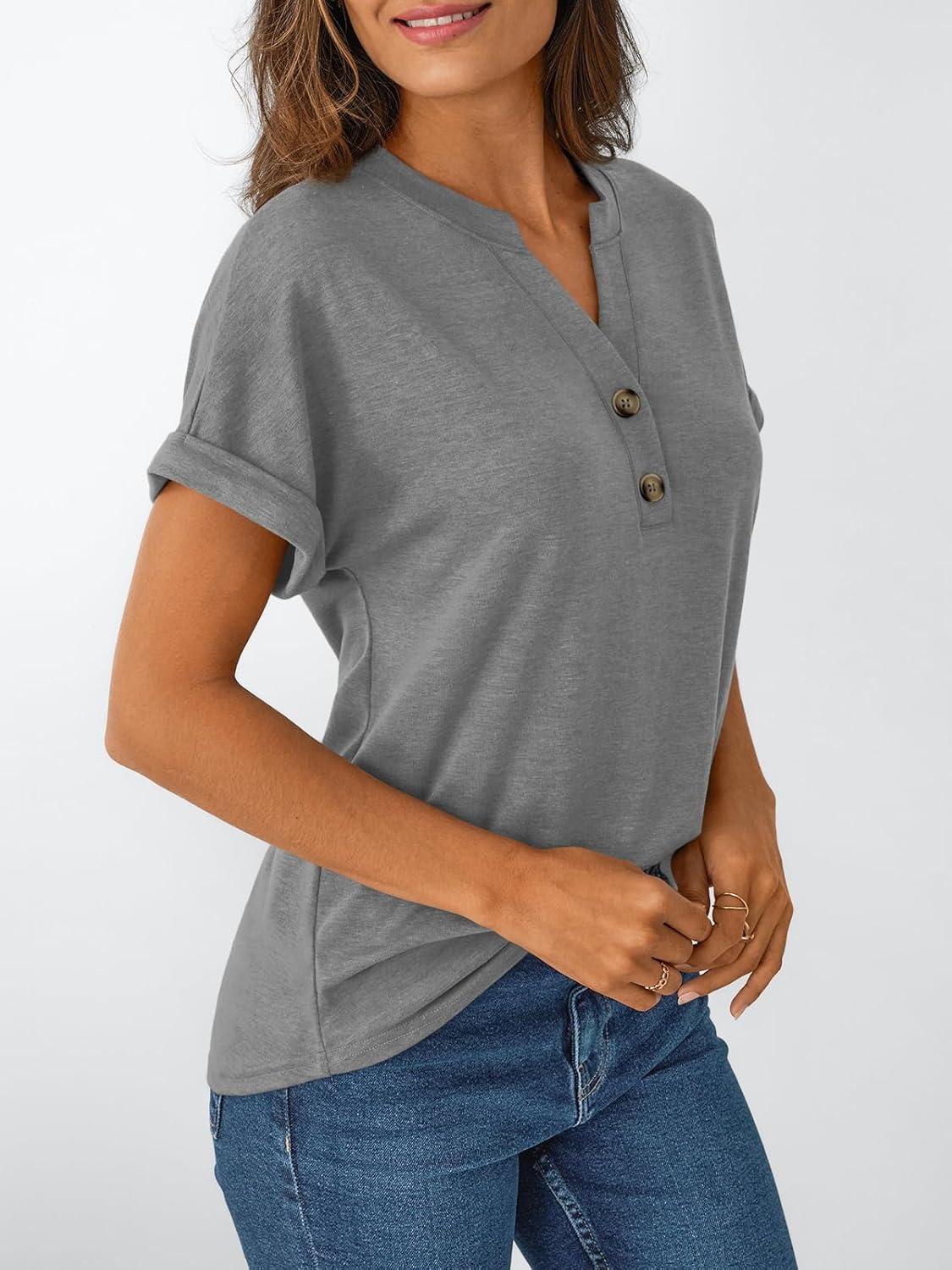 imageAUTOMET Womens Short Sleeve Shirts Henley Dressy Casual Summer Tops 2025 Trendy Blouses Cute TShirts Outfits ClothesGray