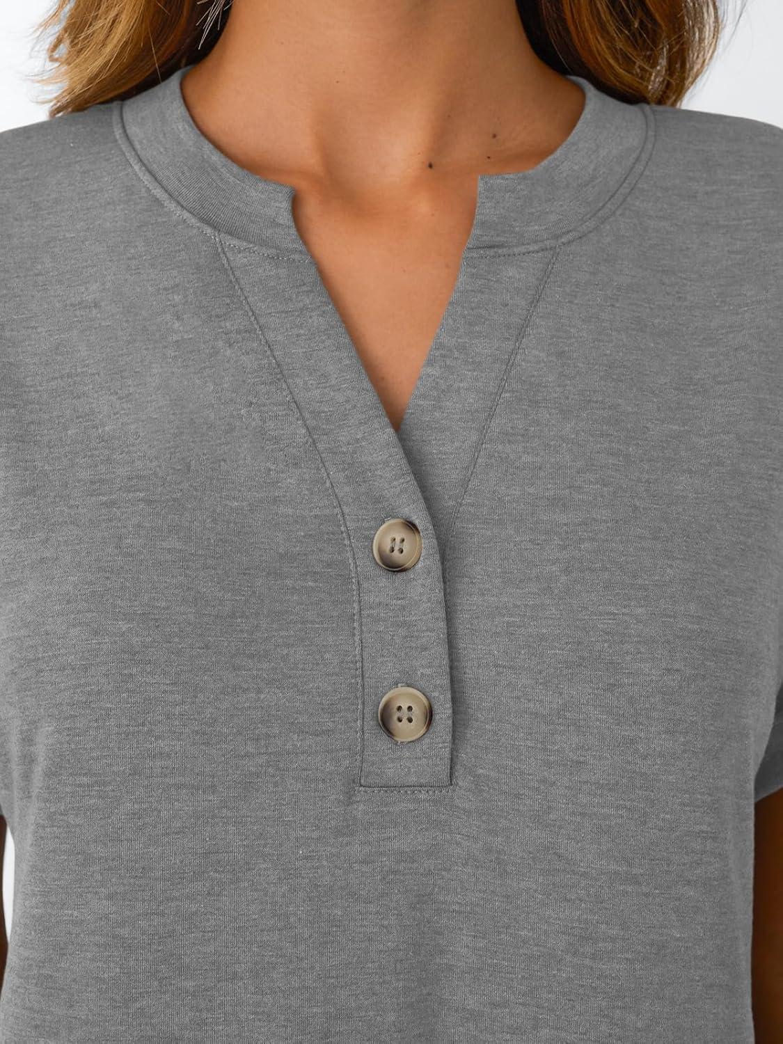 imageAUTOMET Womens Short Sleeve Shirts Henley Dressy Casual Summer Tops 2025 Trendy Blouses Cute TShirts Outfits ClothesGray