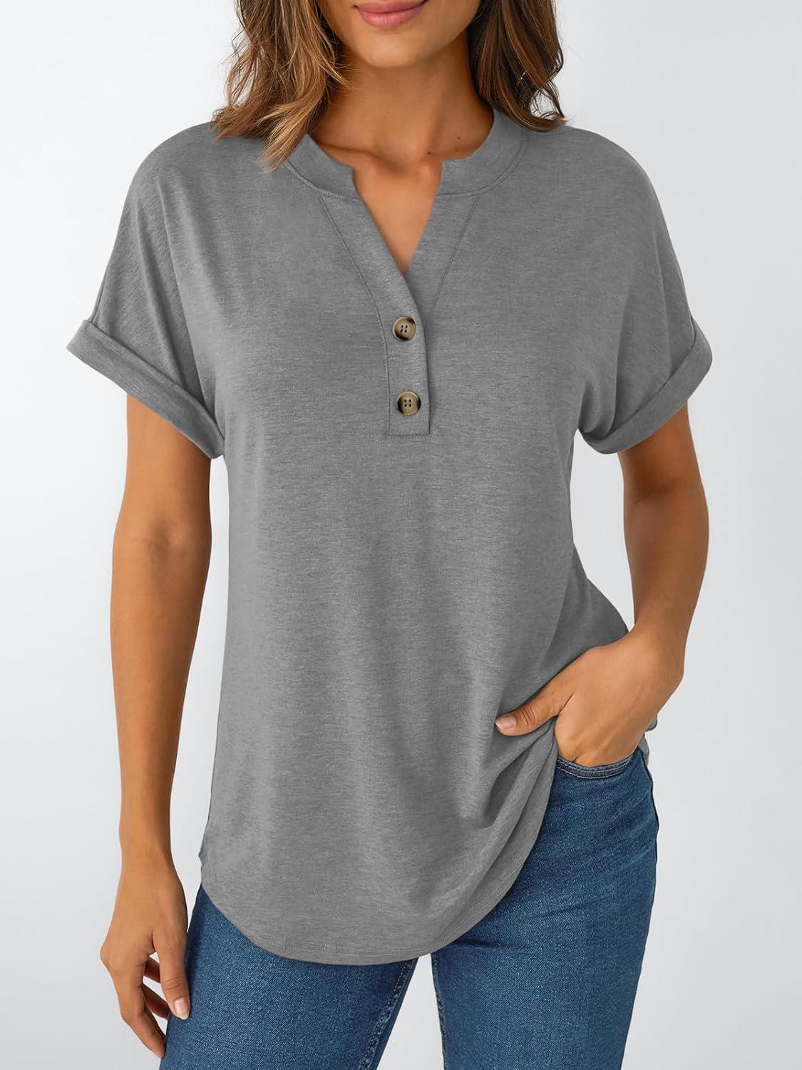imageAUTOMET Womens Short Sleeve Shirts Henley Dressy Casual Summer Tops 2025 Trendy Blouses Cute TShirts Outfits ClothesGray
