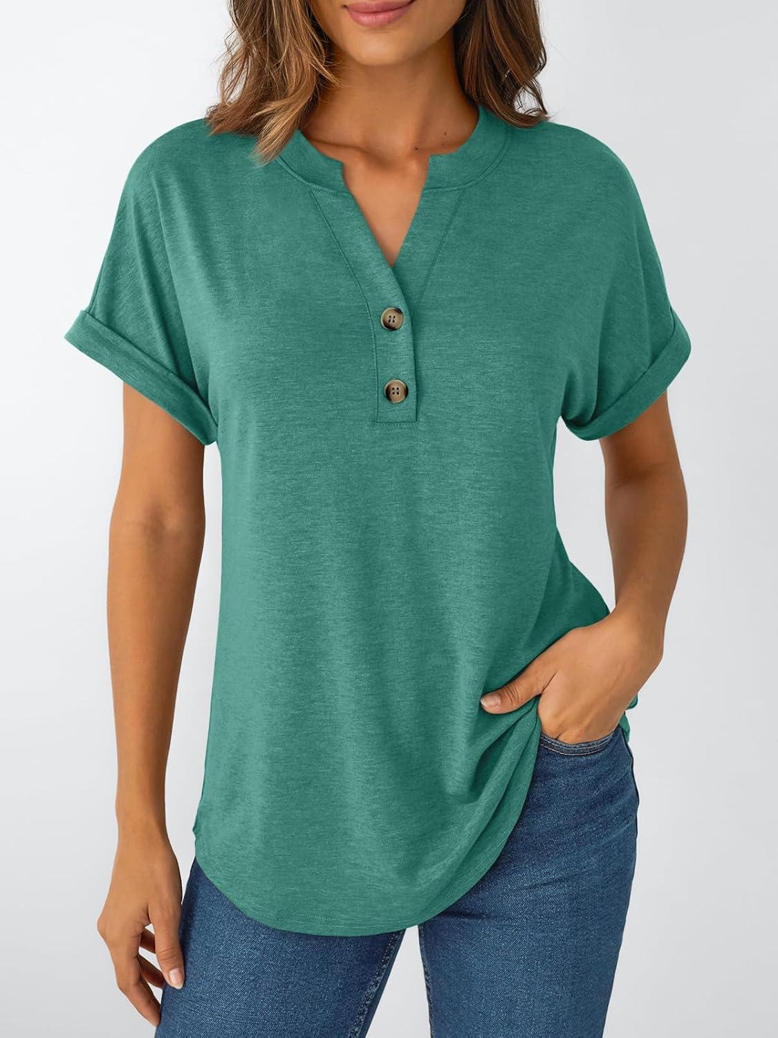 imageAUTOMET Womens Short Sleeve Shirts Henley Dressy Casual Summer Tops 2025 Trendy Blouses Cute TShirts Outfits ClothesGreen