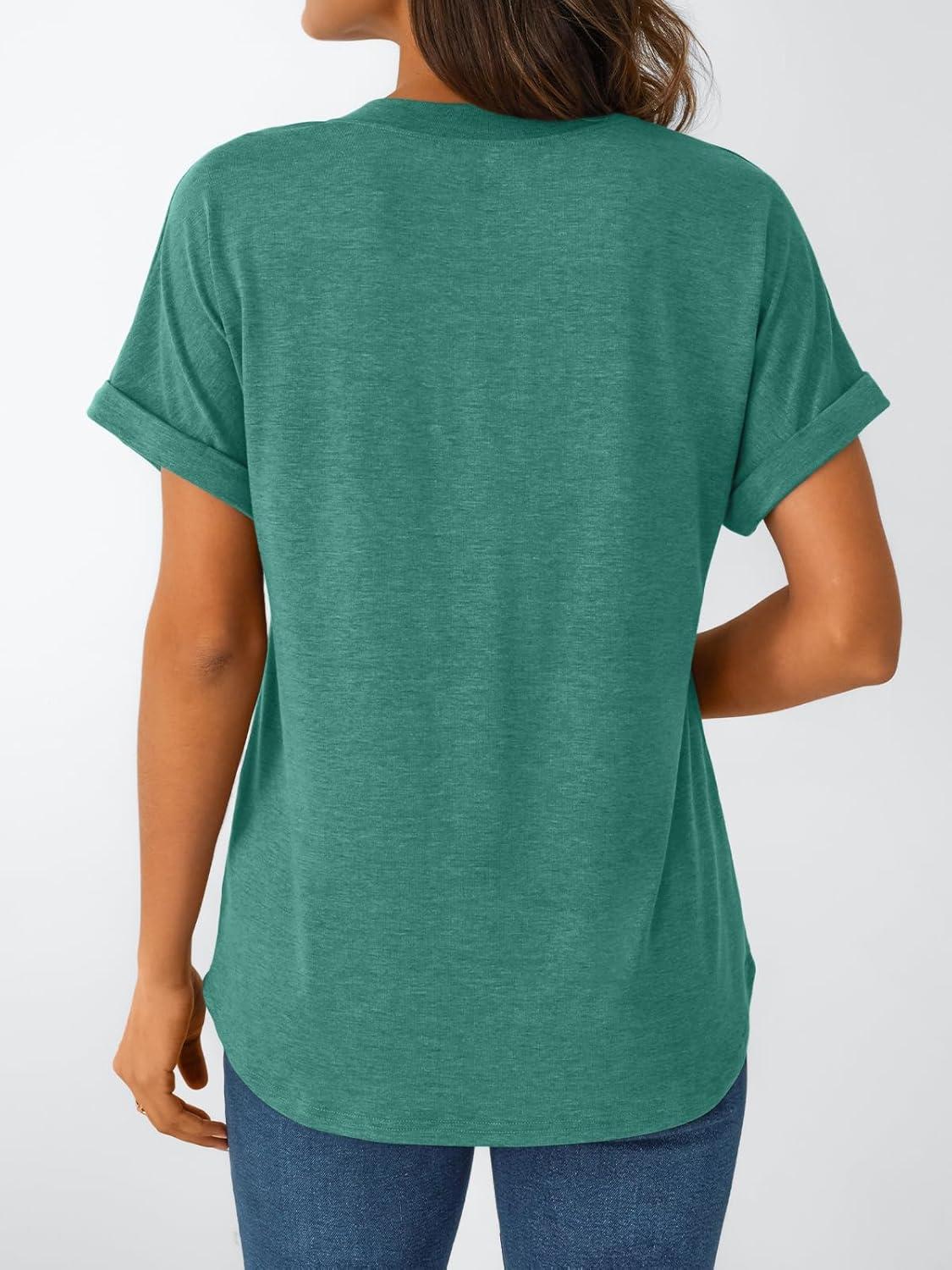 imageAUTOMET Womens Short Sleeve Shirts Henley Dressy Casual Summer Tops 2025 Trendy Blouses Cute TShirts Outfits ClothesGreen