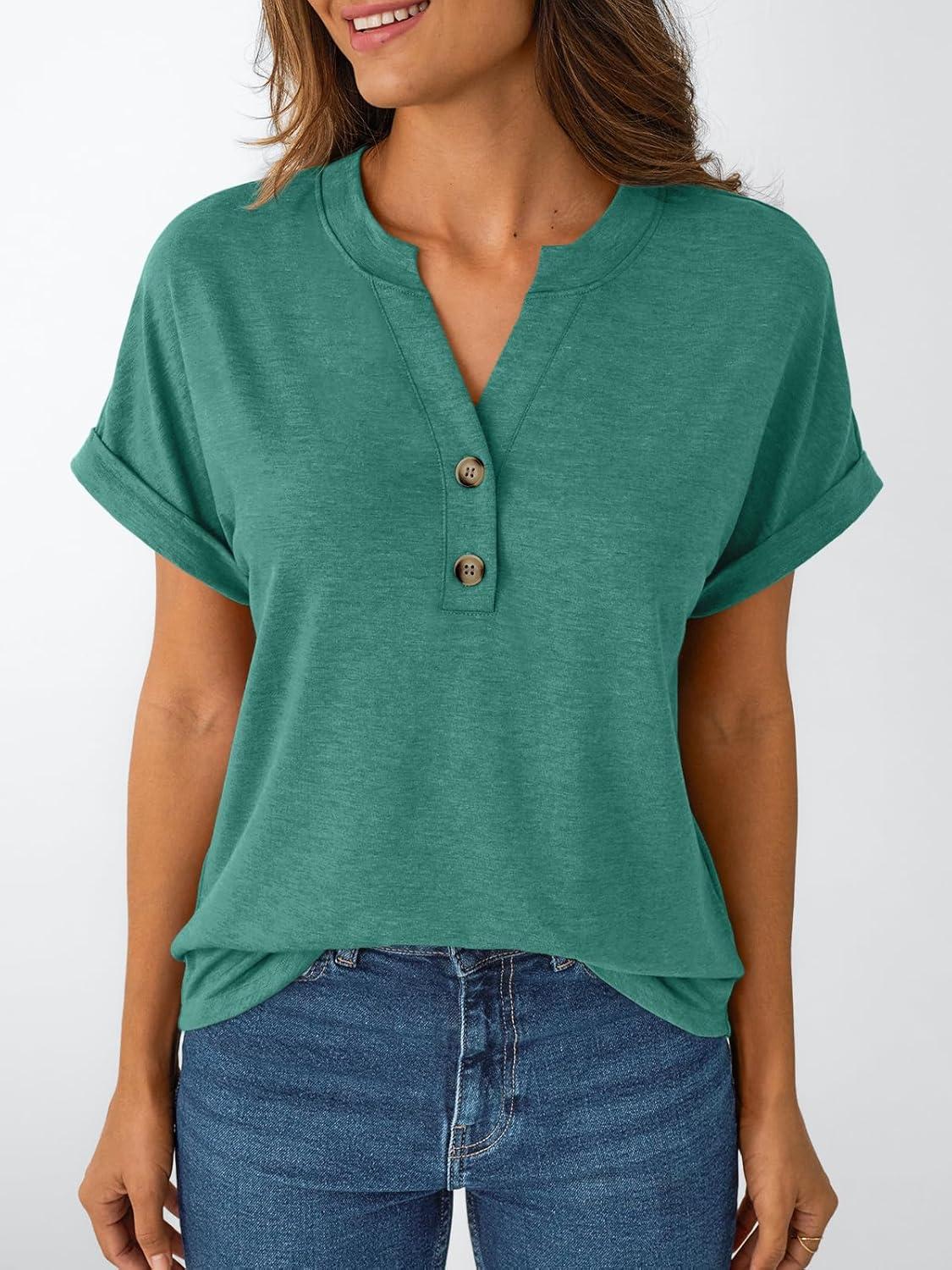 imageAUTOMET Womens Short Sleeve Shirts Henley Dressy Casual Summer Tops 2025 Trendy Blouses Cute TShirts Outfits ClothesGreen