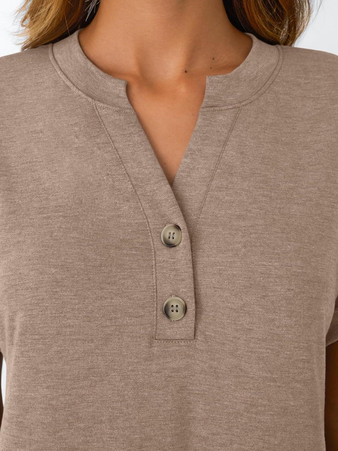 imageAUTOMET Womens Short Sleeve Shirts Henley Dressy Casual Summer Tops 2025 Trendy Blouses Cute TShirts Outfits ClothesKhaki