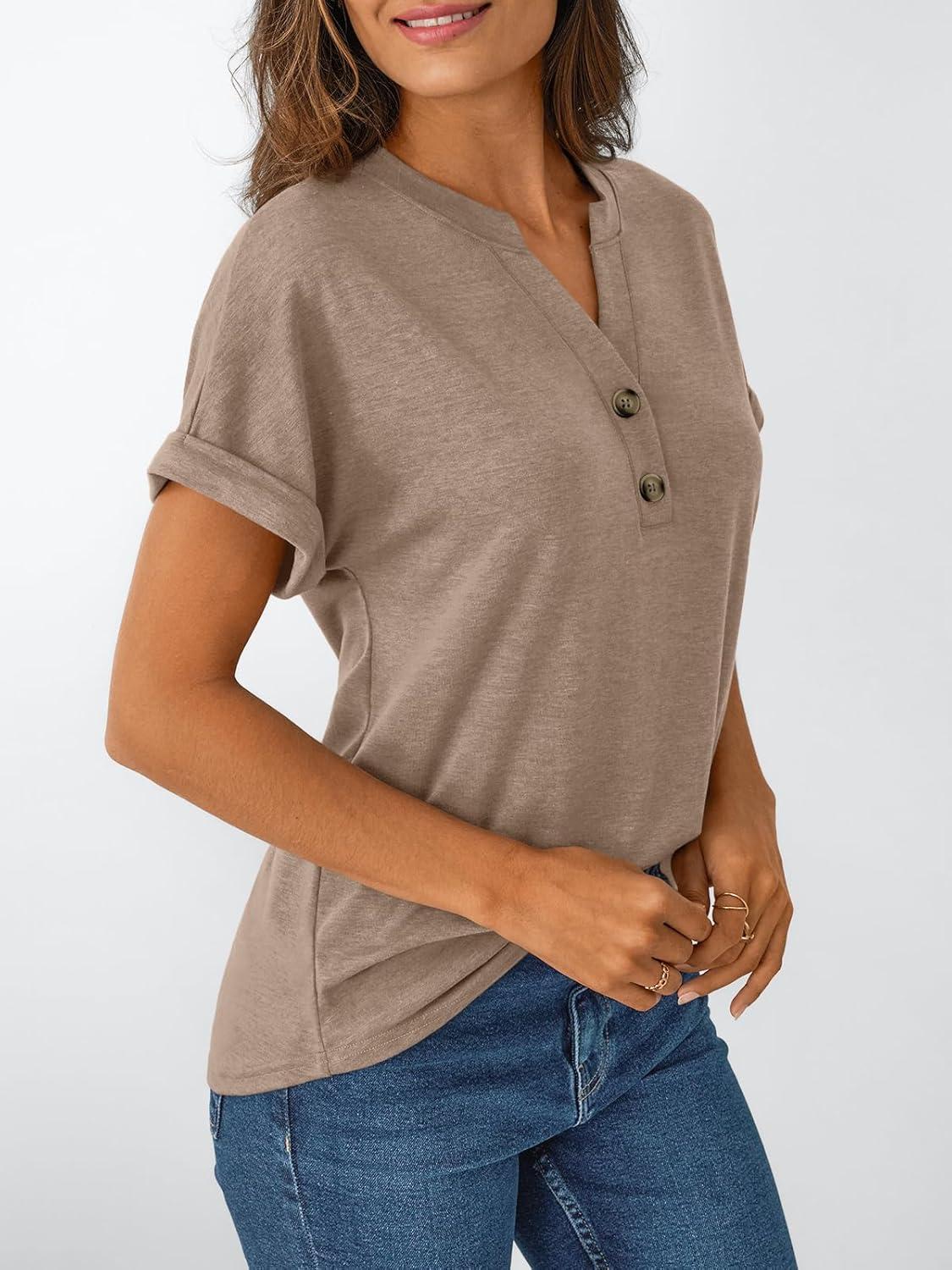 imageAUTOMET Womens Short Sleeve Shirts Henley Dressy Casual Summer Tops 2025 Trendy Blouses Cute TShirts Outfits ClothesKhaki