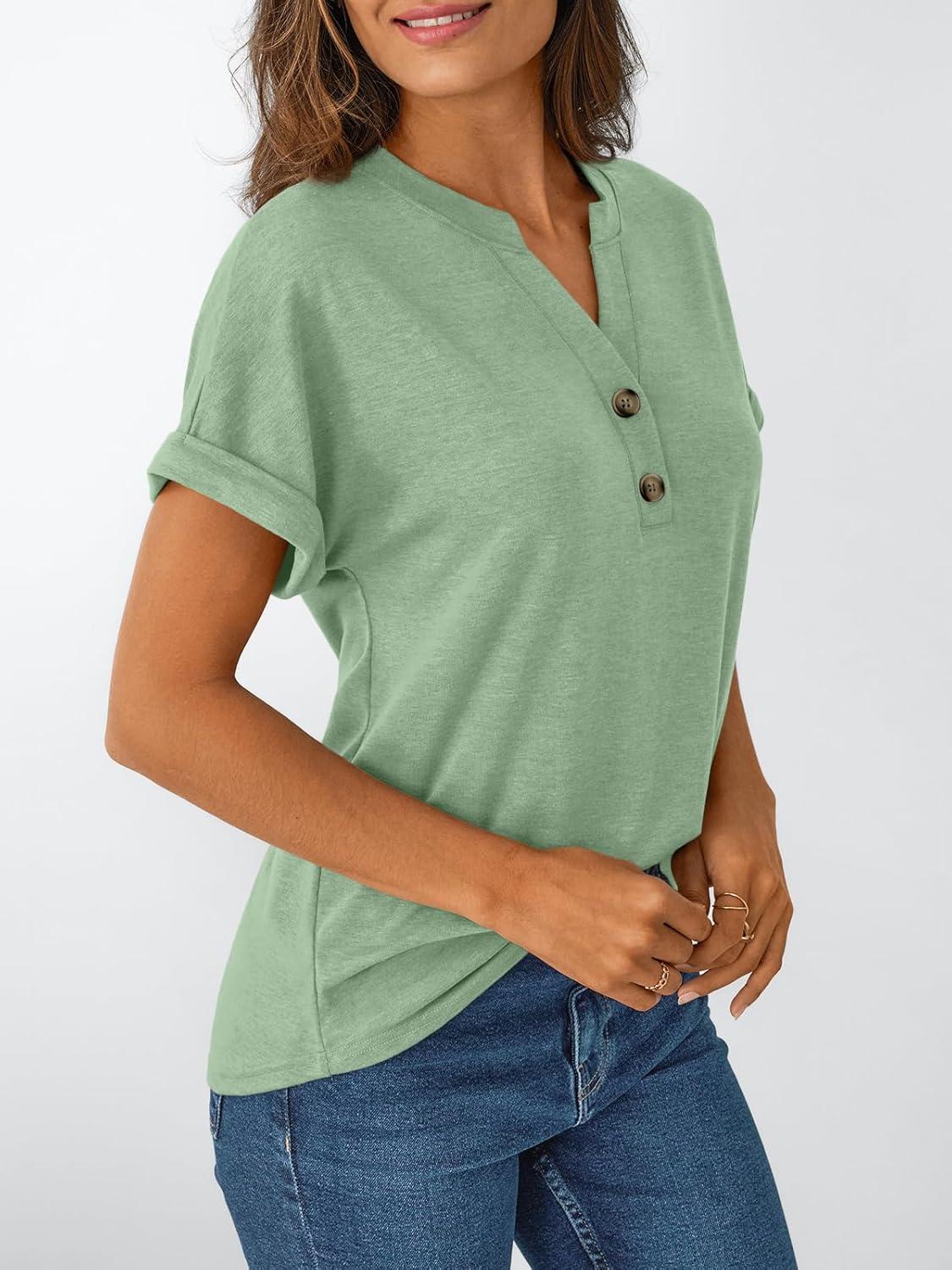 imageAUTOMET Womens Short Sleeve Shirts Henley Dressy Casual Summer Tops 2025 Trendy Blouses Cute TShirts Outfits ClothesLight Green