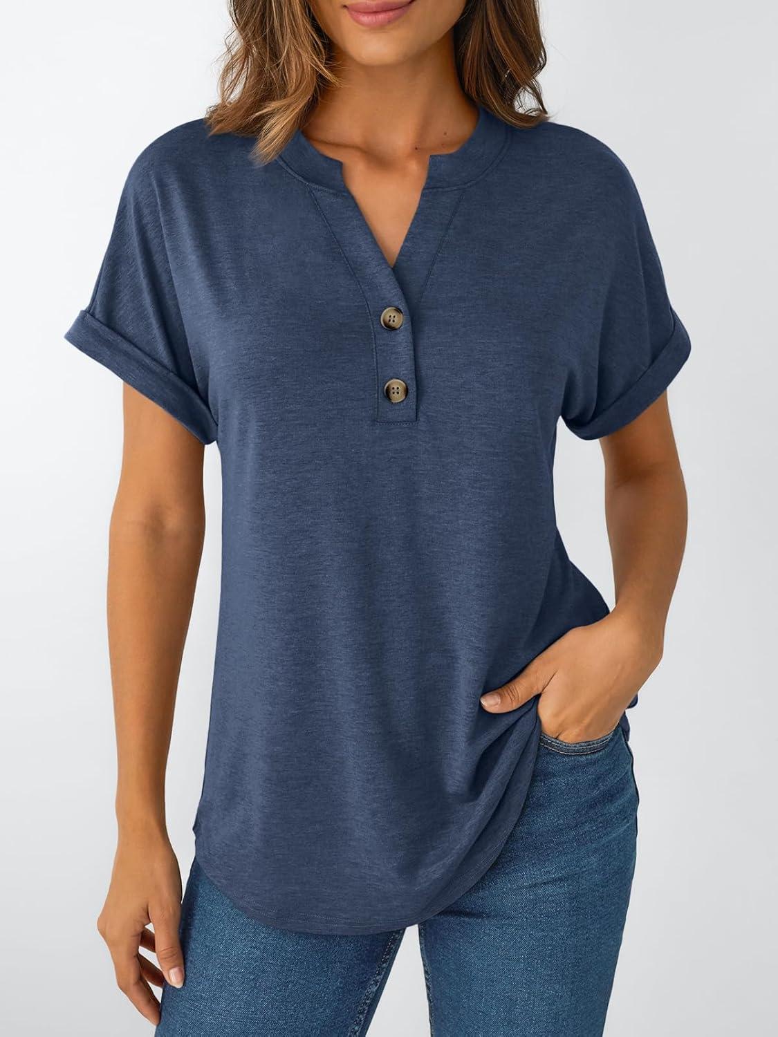 imageAUTOMET Womens Short Sleeve Shirts Henley Dressy Casual Summer Tops 2025 Trendy Blouses Cute TShirts Outfits ClothesNavy